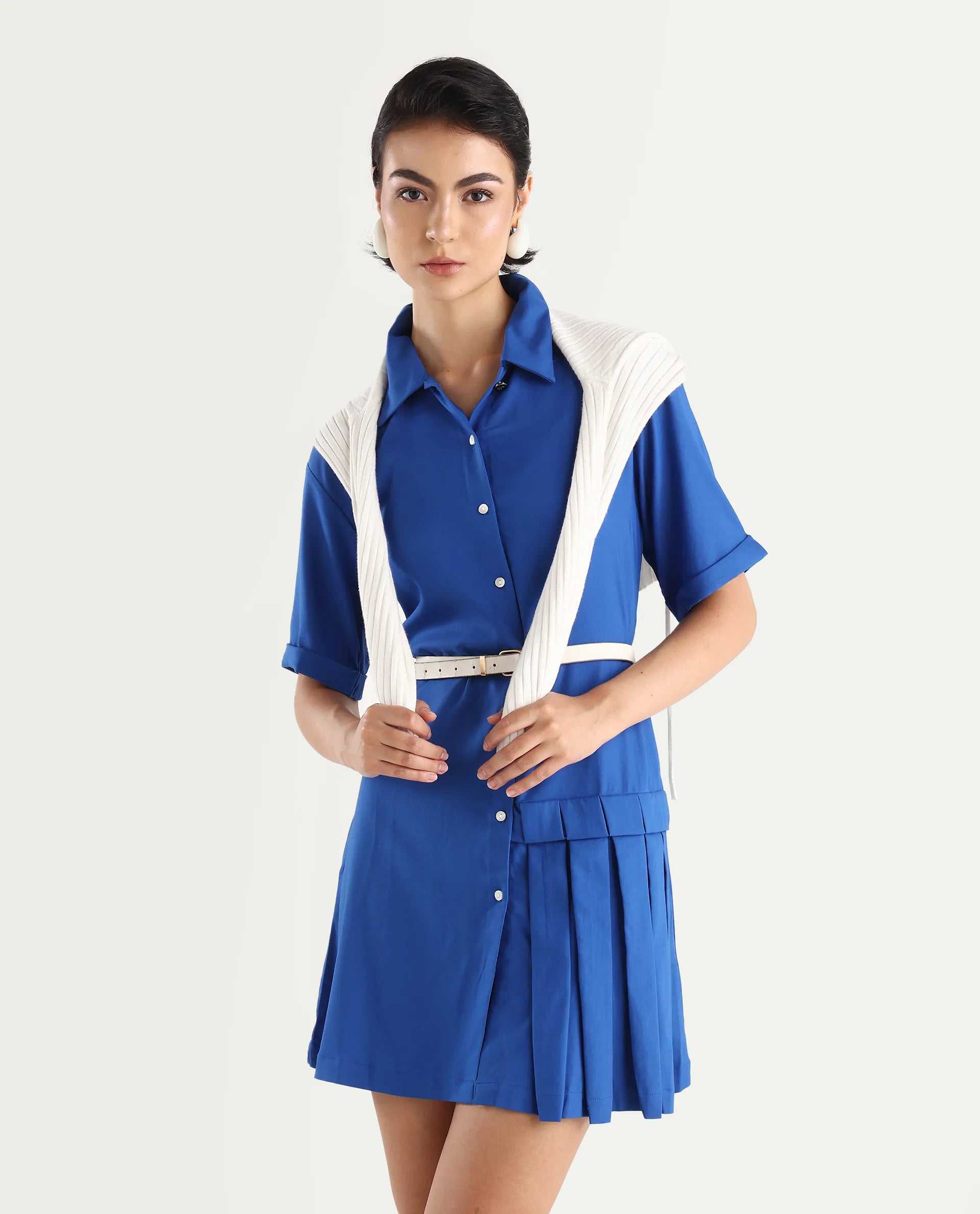 Rareism Women's Dilijan Blue Viscose Blend Drop Collar Plain Knee Length Asymmetric Dress