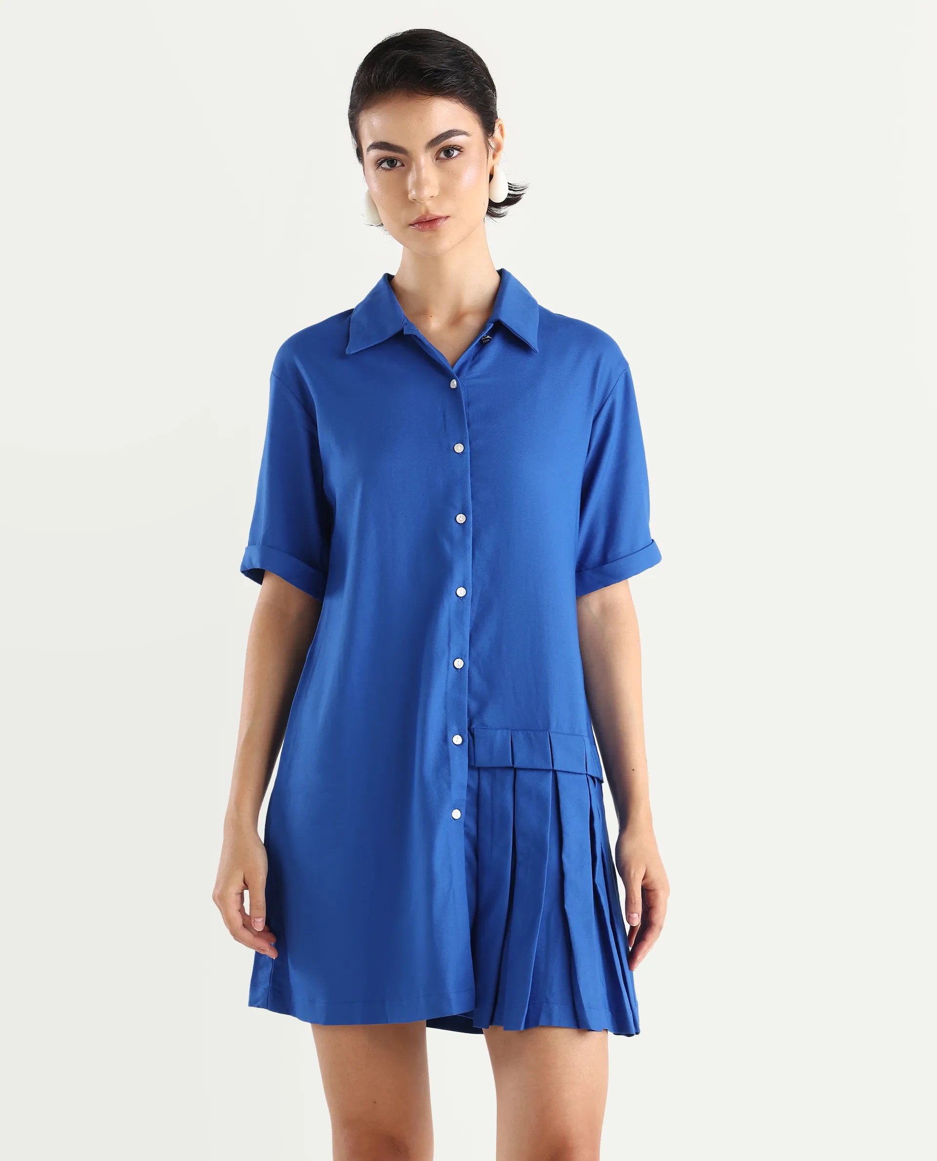 Rareism Women's Dilijan Blue Viscose Blend Drop Collar Plain Knee Length Asymmetric Dress