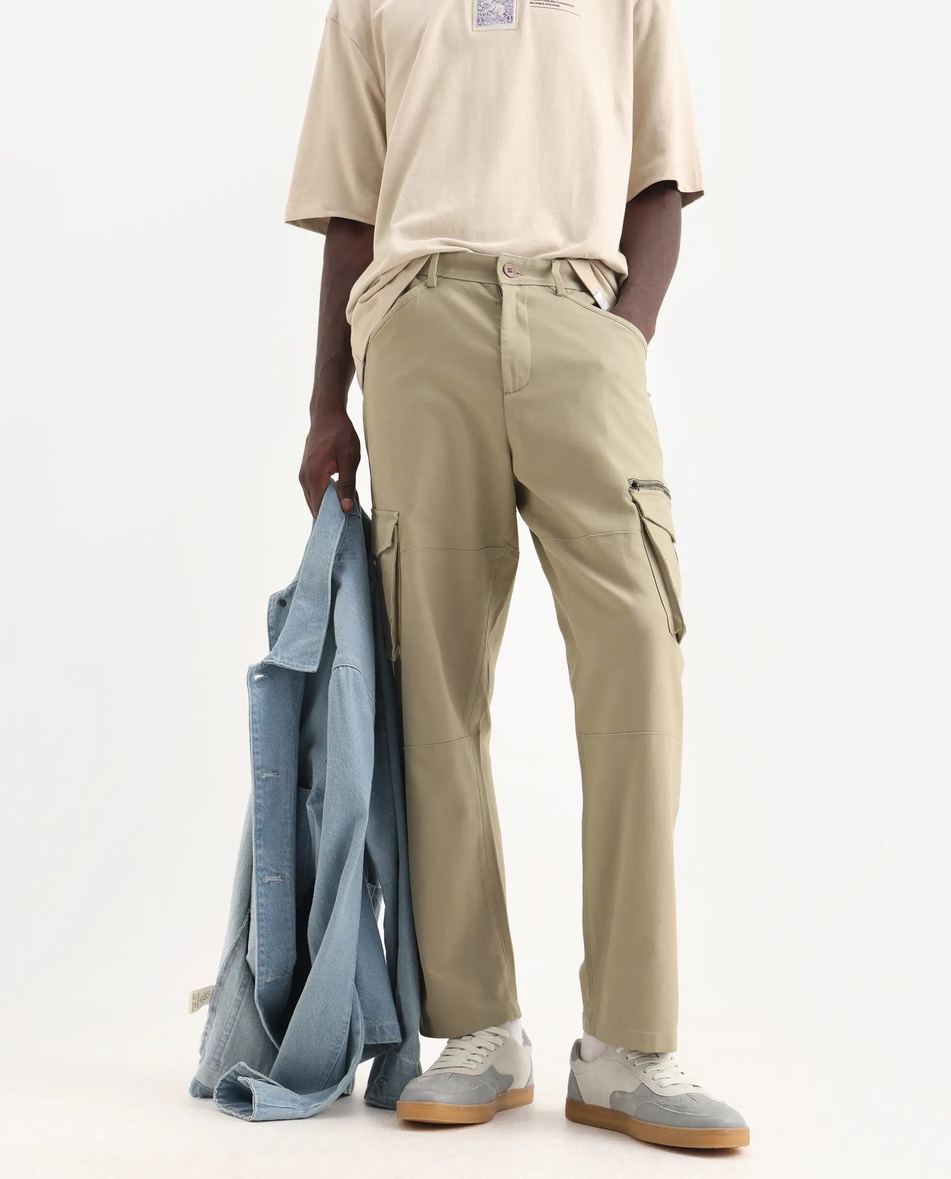 Rare Rabbit Men's Dima Light Olive Cotton Plain Regular Fit Trouser