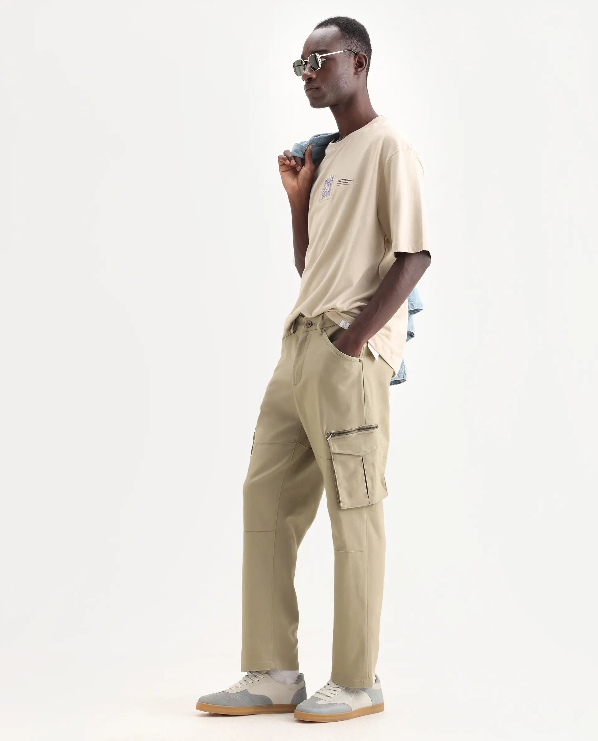 Rare Rabbit Men's Dima Light Olive Cotton Plain Regular Fit Trouser