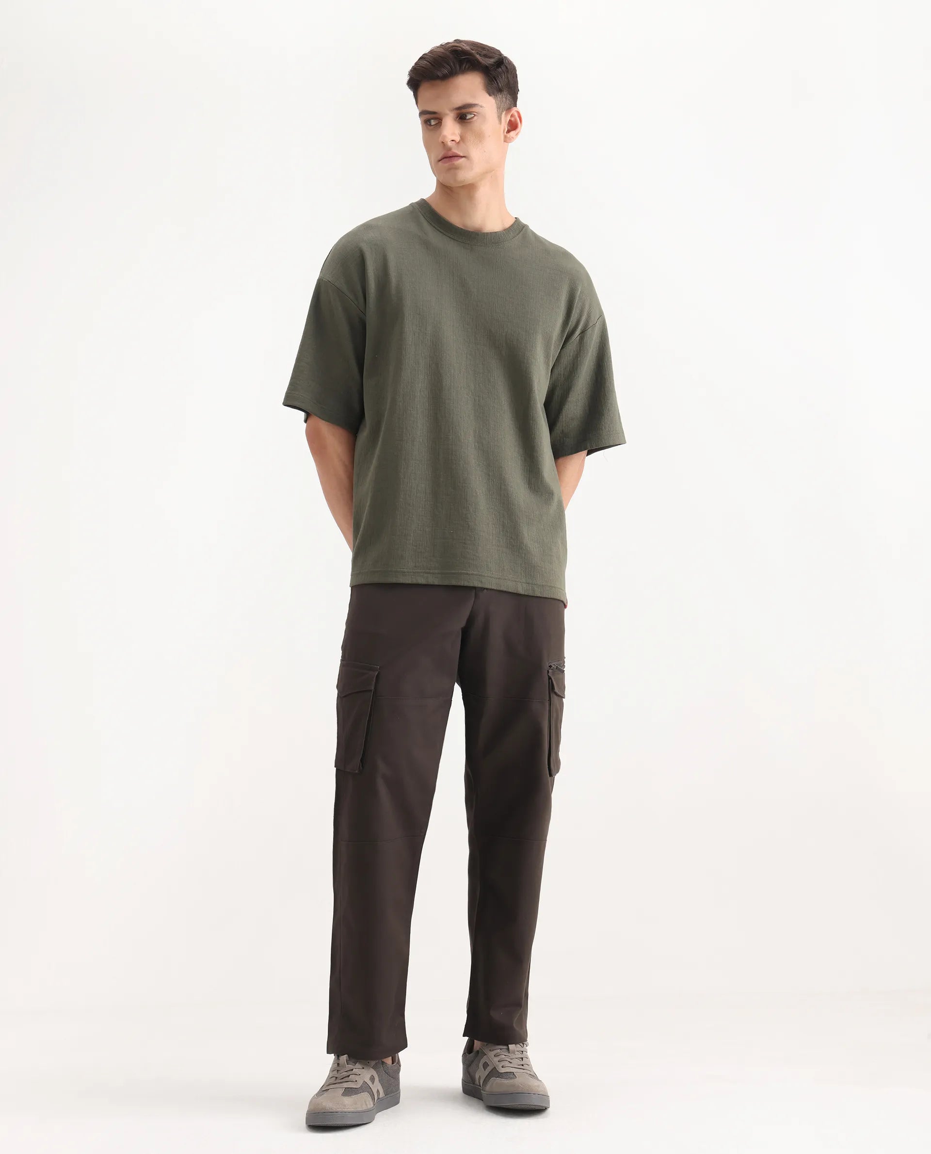 Rare Rabbit Men's Dima Dark Brown Cotton Plain Regular Fit Trouser