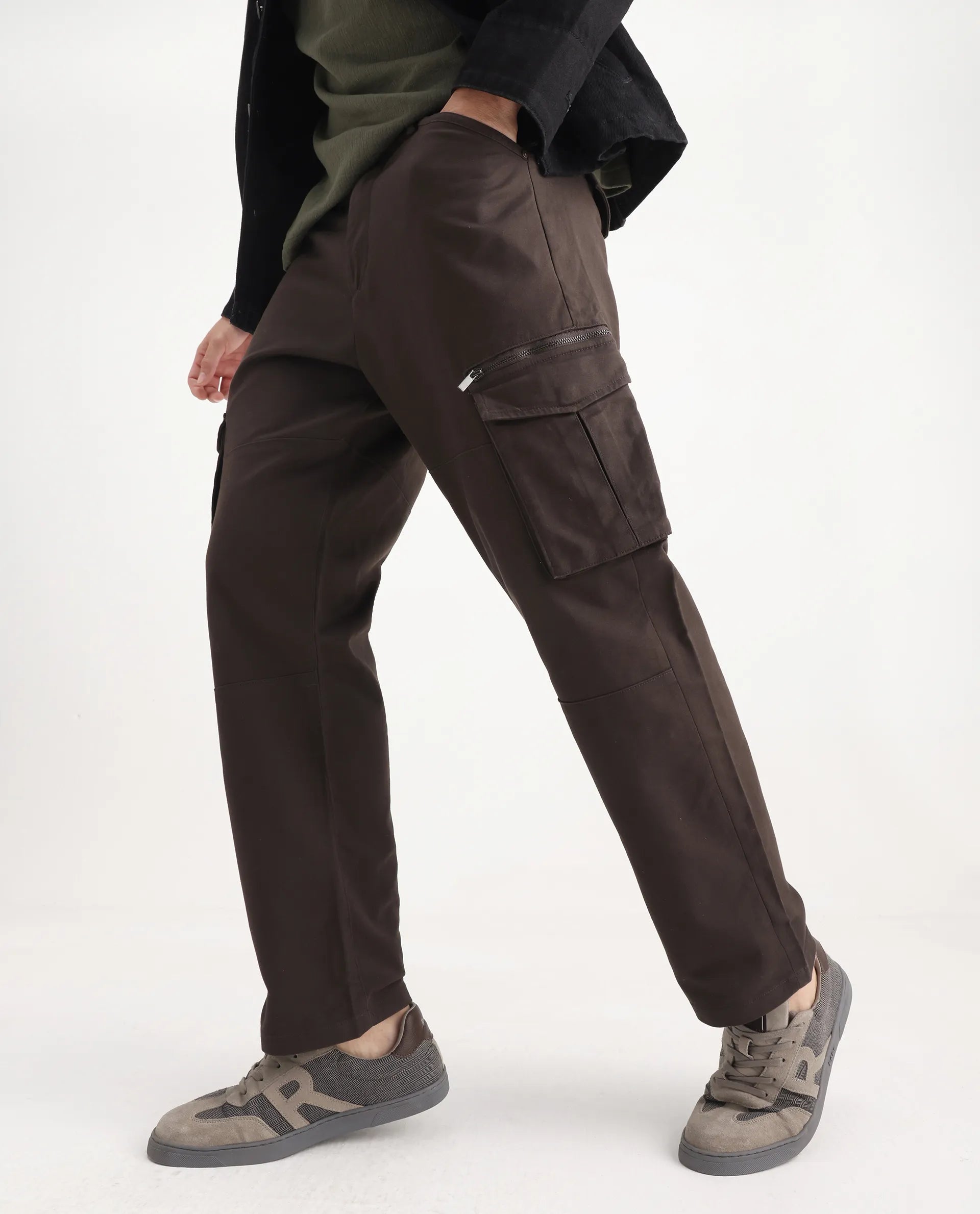 Rare Rabbit Men's Dima Dark Brown Cotton Plain Regular Fit Trouser