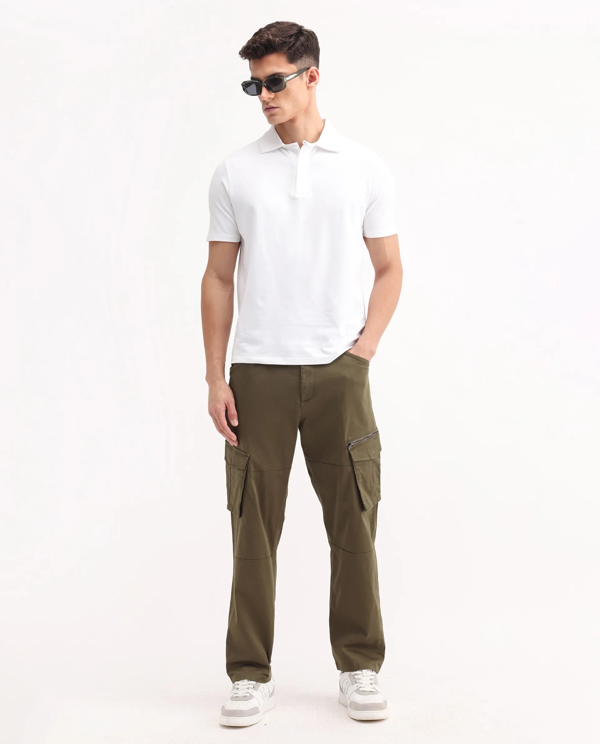 Rare Rabbit Men's Dima Dark Olive Cotton Plain Regular Fit Trouser
