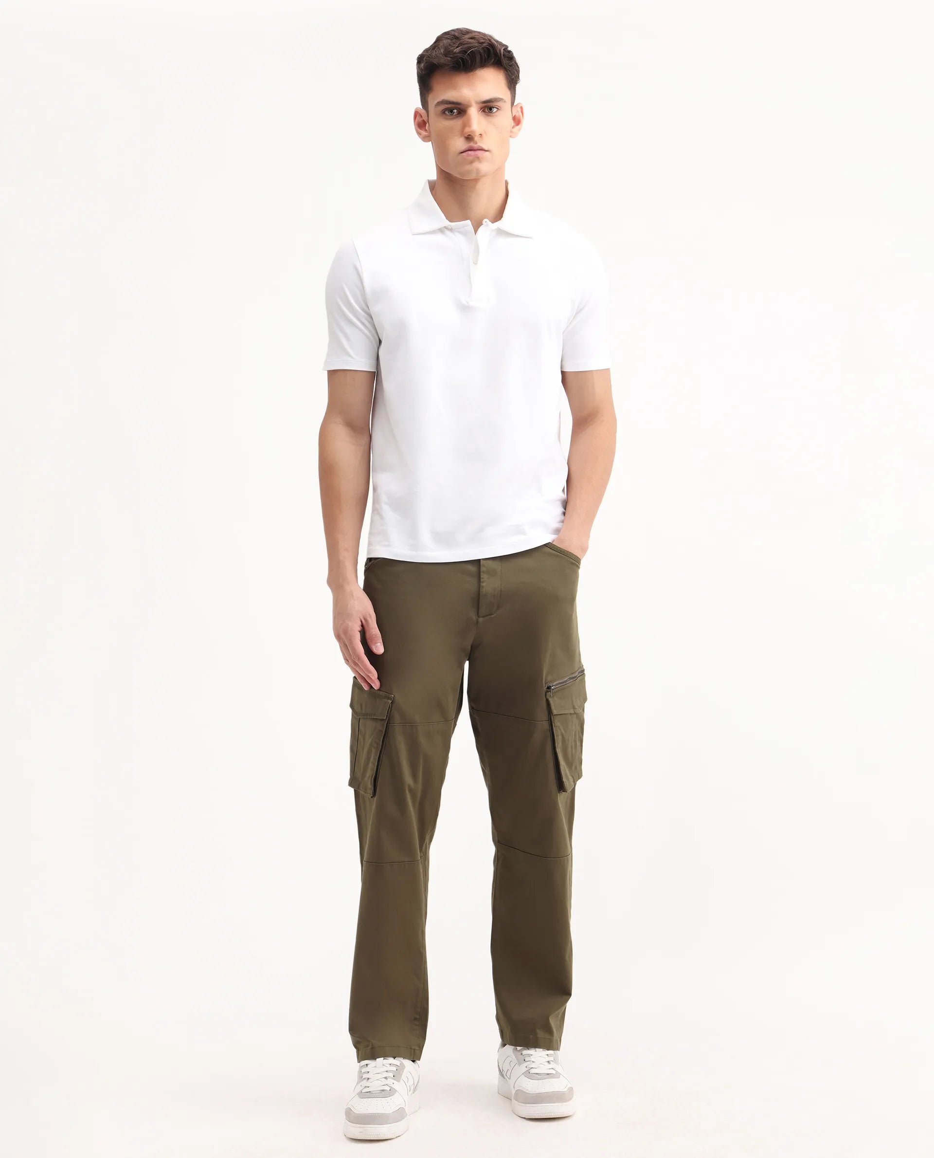 Rare Rabbit Men's Dima Dark Olive Cotton Plain Regular Fit Trouser