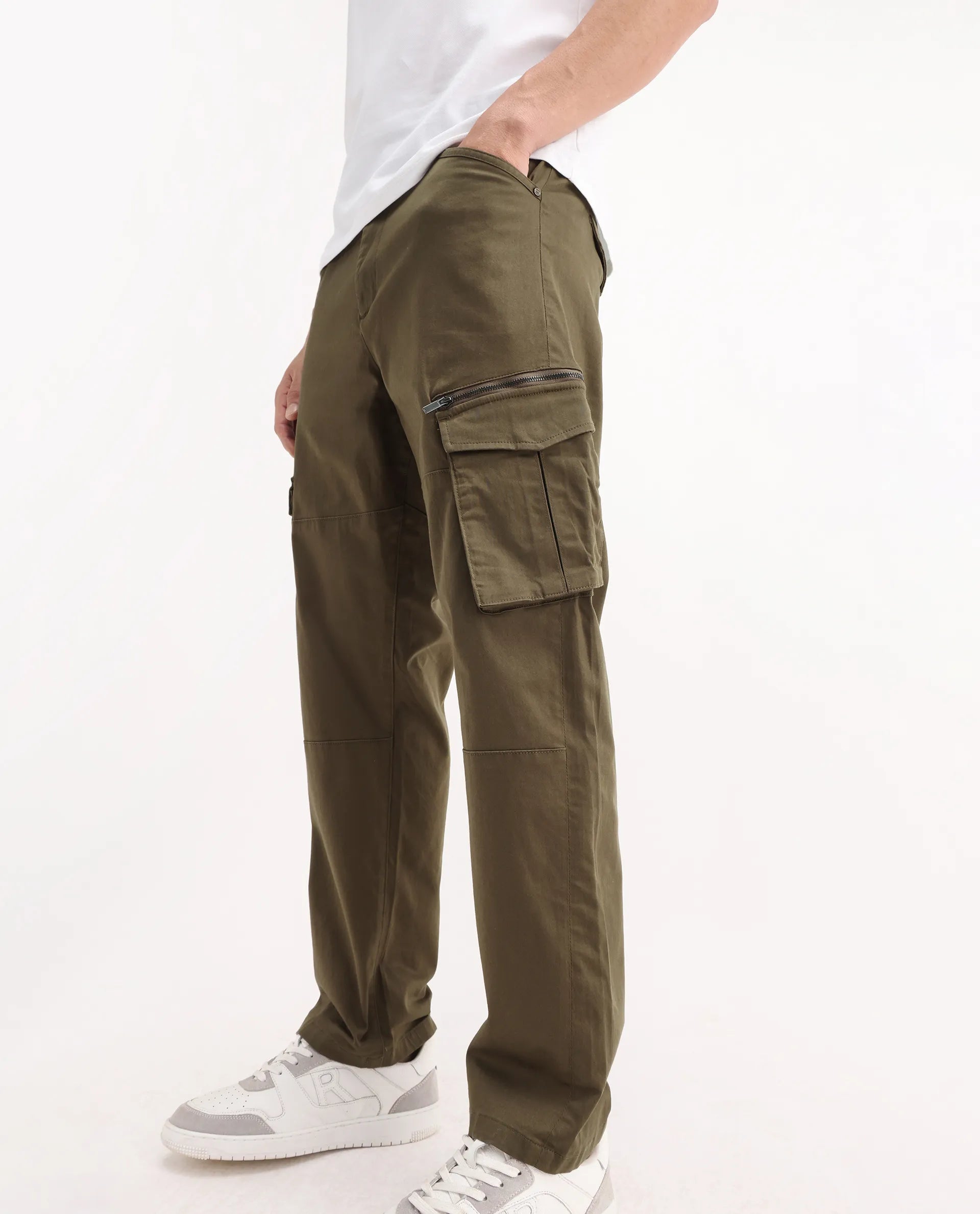 Rare Rabbit Men's Dima Dark Olive Cotton Plain Regular Fit Trouser