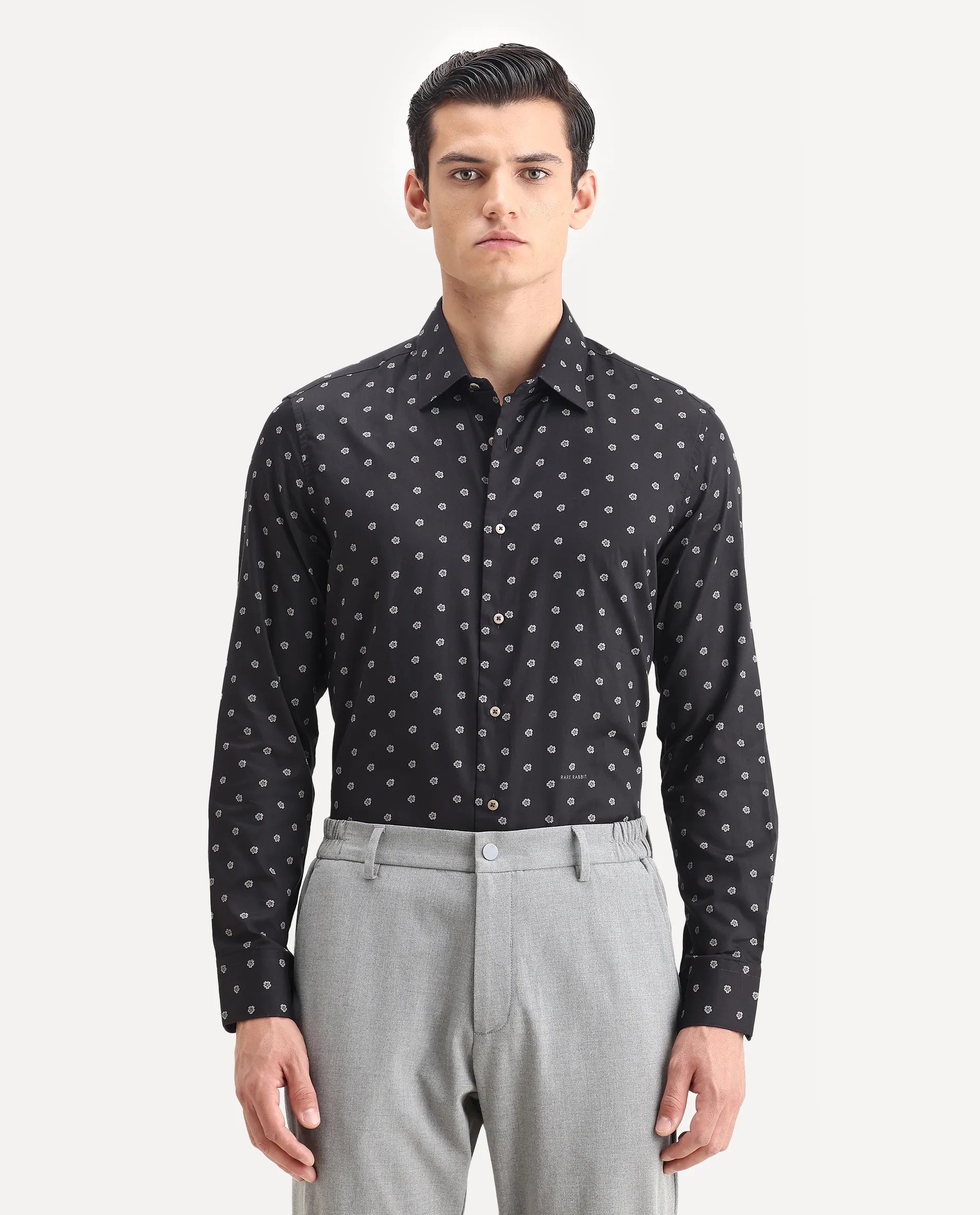 Rare Rabbit Men's Dimp Black Cotton Floral Print Regular Fit Full Sleeve Collared Shirt