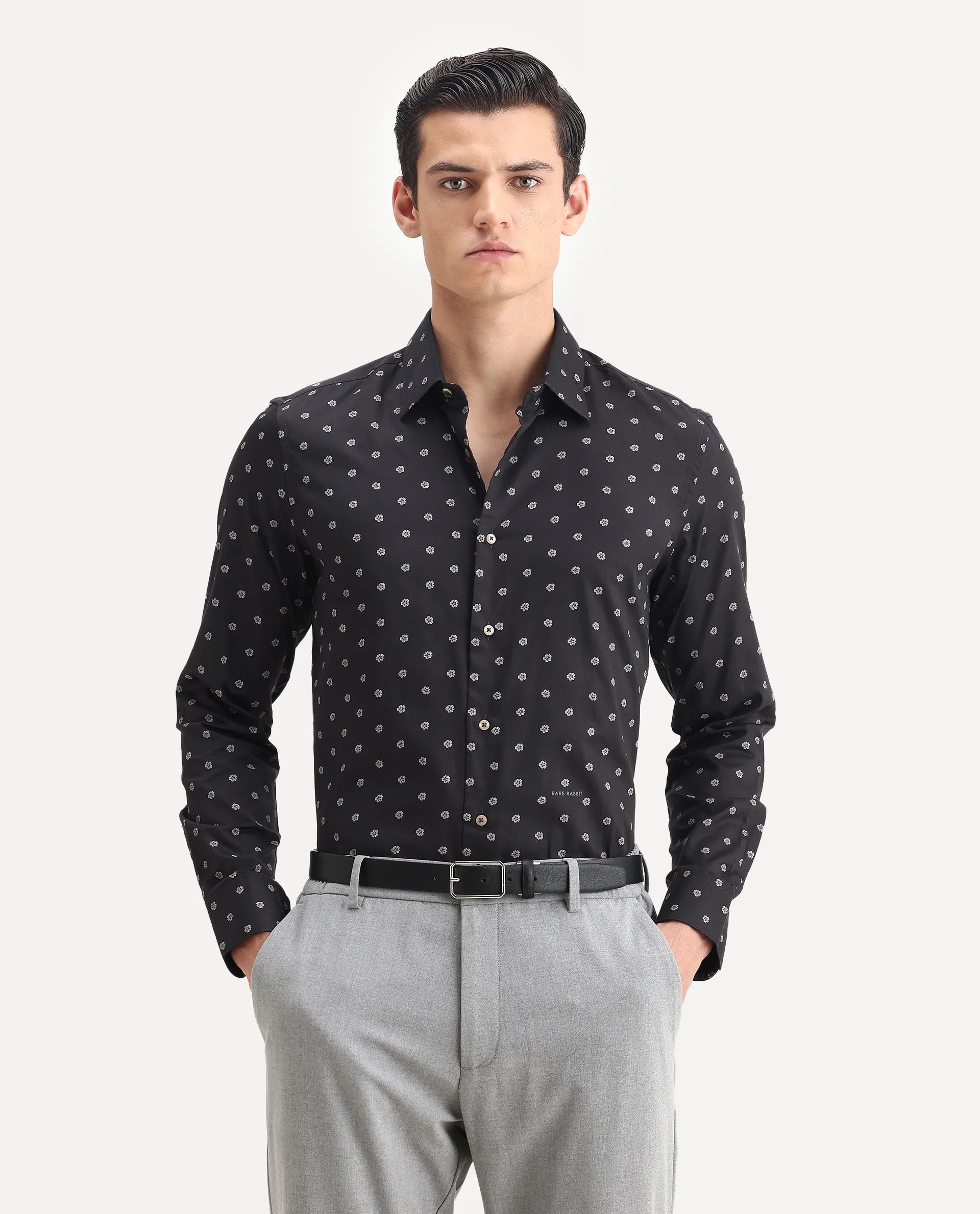 Rare Rabbit Men's Dimp Black Cotton Floral Print Regular Fit Full Sleeve Collared Shirt