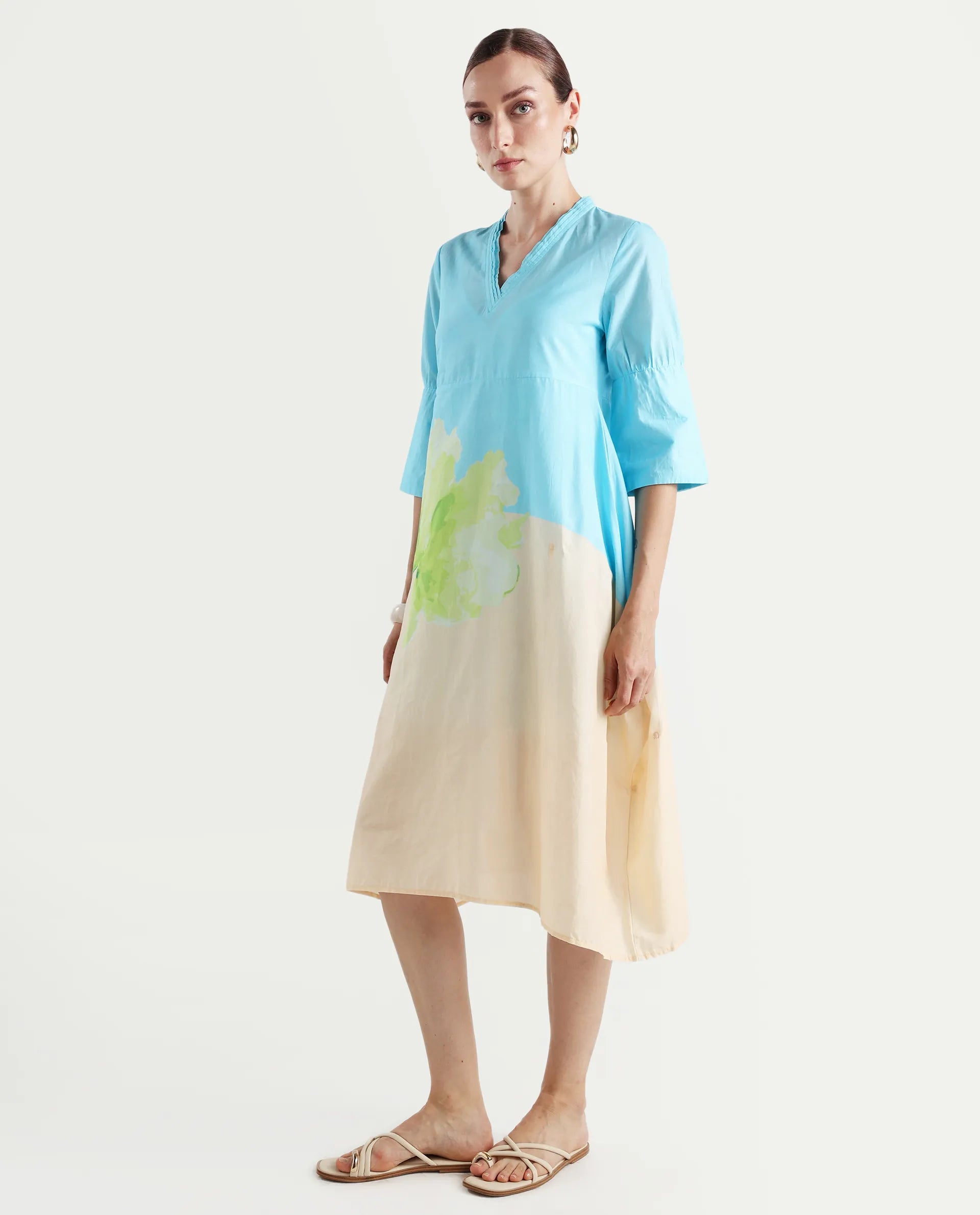 Rareism Women's Dinara Multi Cotton V-Neck Floral Print Midi A-Line Dress