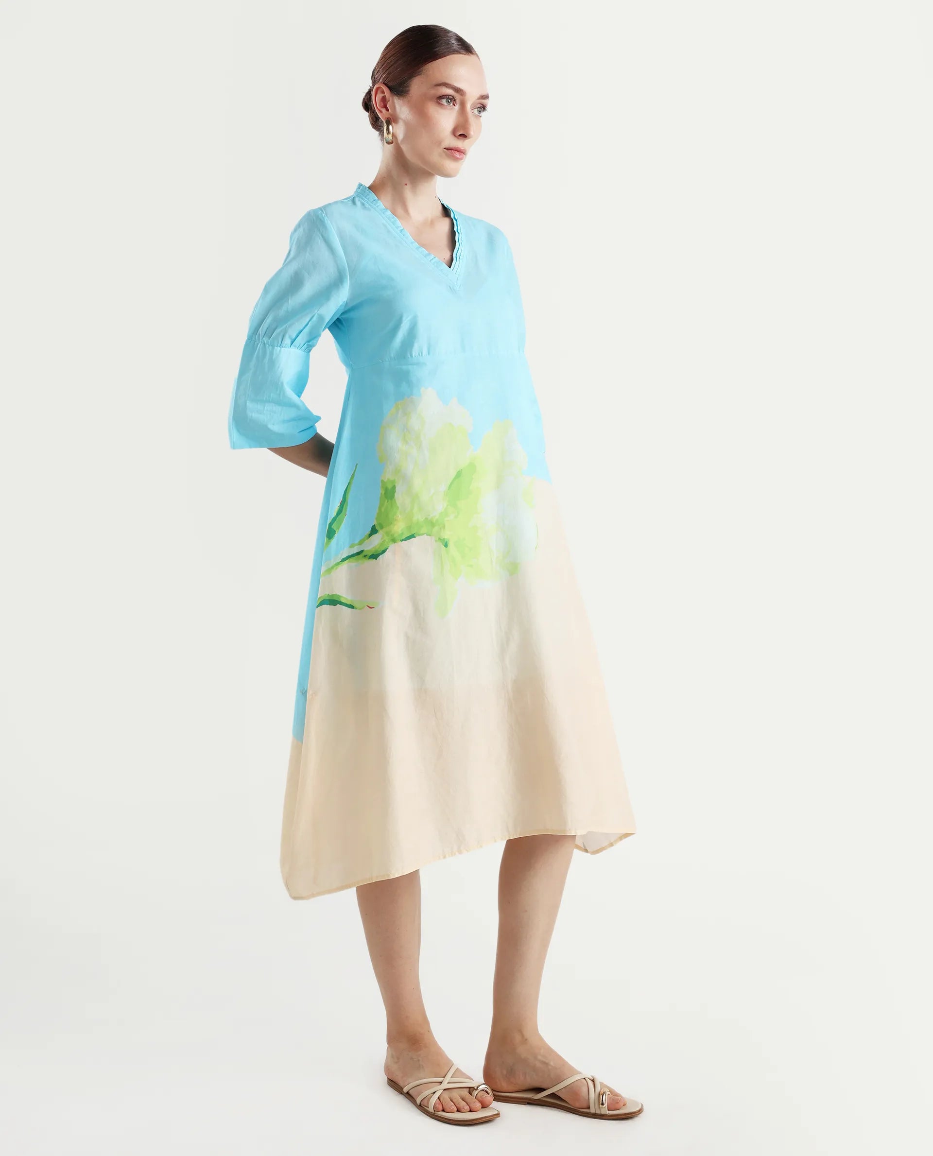 Rareism Women's Dinara Multi Cotton V-Neck Floral Print Midi A-Line Dress