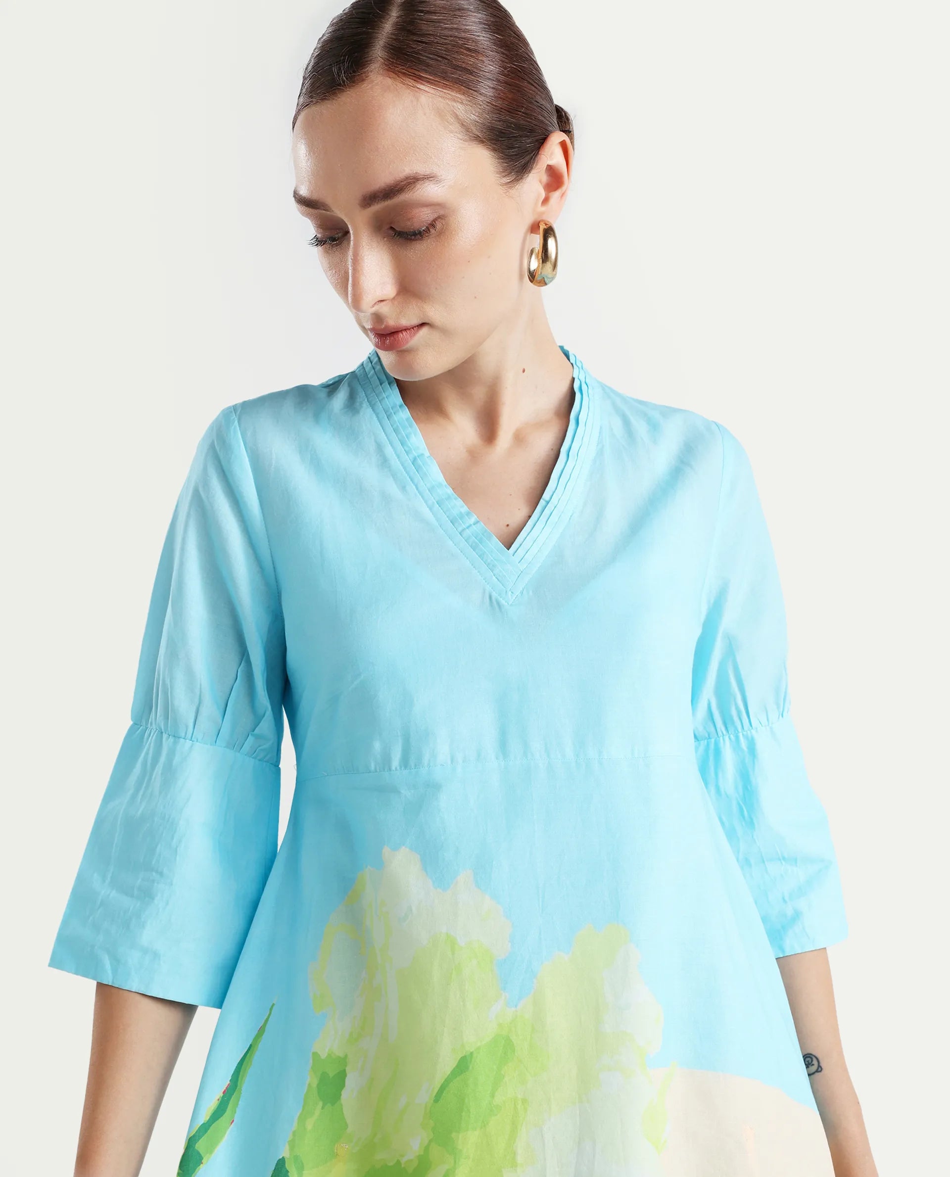 Rareism Women's Dinara Multi Cotton V-Neck Floral Print Midi A-Line Dress