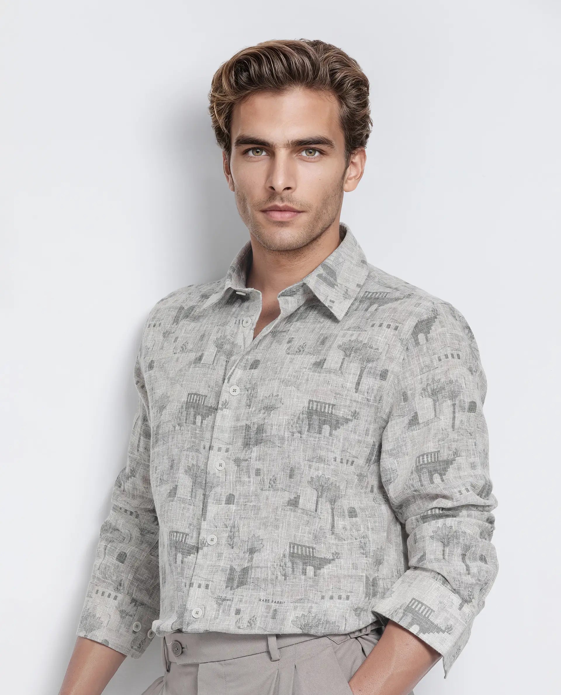 Rare Rabbit Men's Dine Khaki Cotton Fabric Full Sleeve Collared Neck Button Closure Printed Shirt