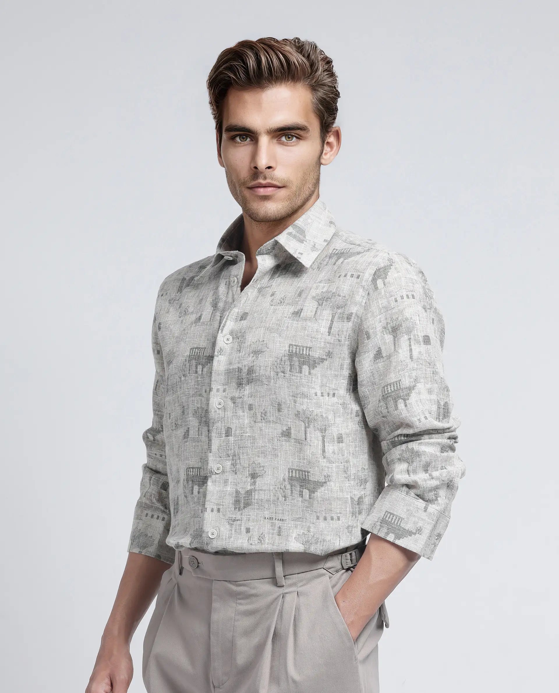 Rare Rabbit Men's Dine Khaki Cotton Fabric Full Sleeve Collared Neck Button Closure Printed Shirt