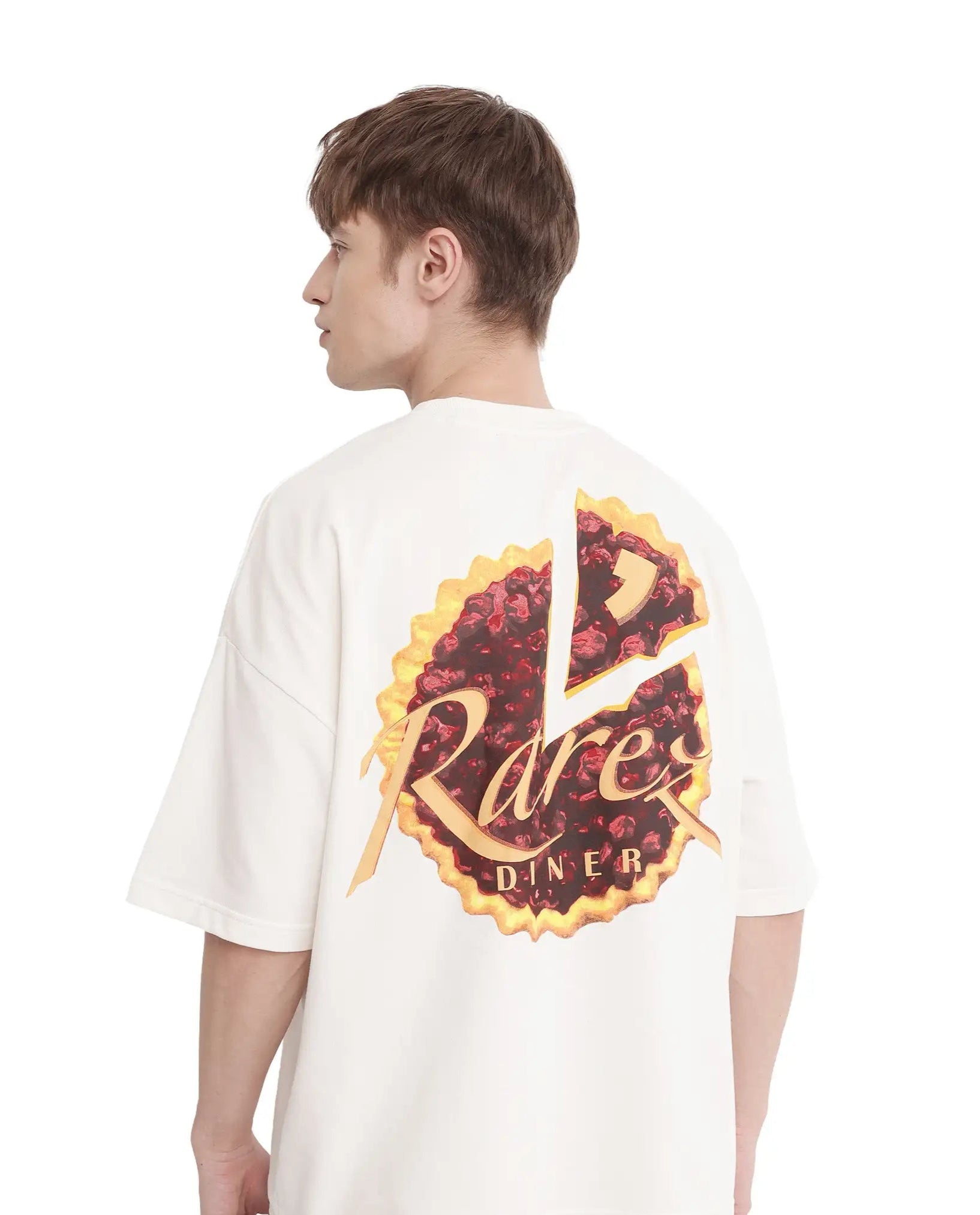 Rare Rabbit Men Diner Off White Cotton Fabric Short Sleeve Crew Neck Oversized Fit Graphic Back Print T-Shirt