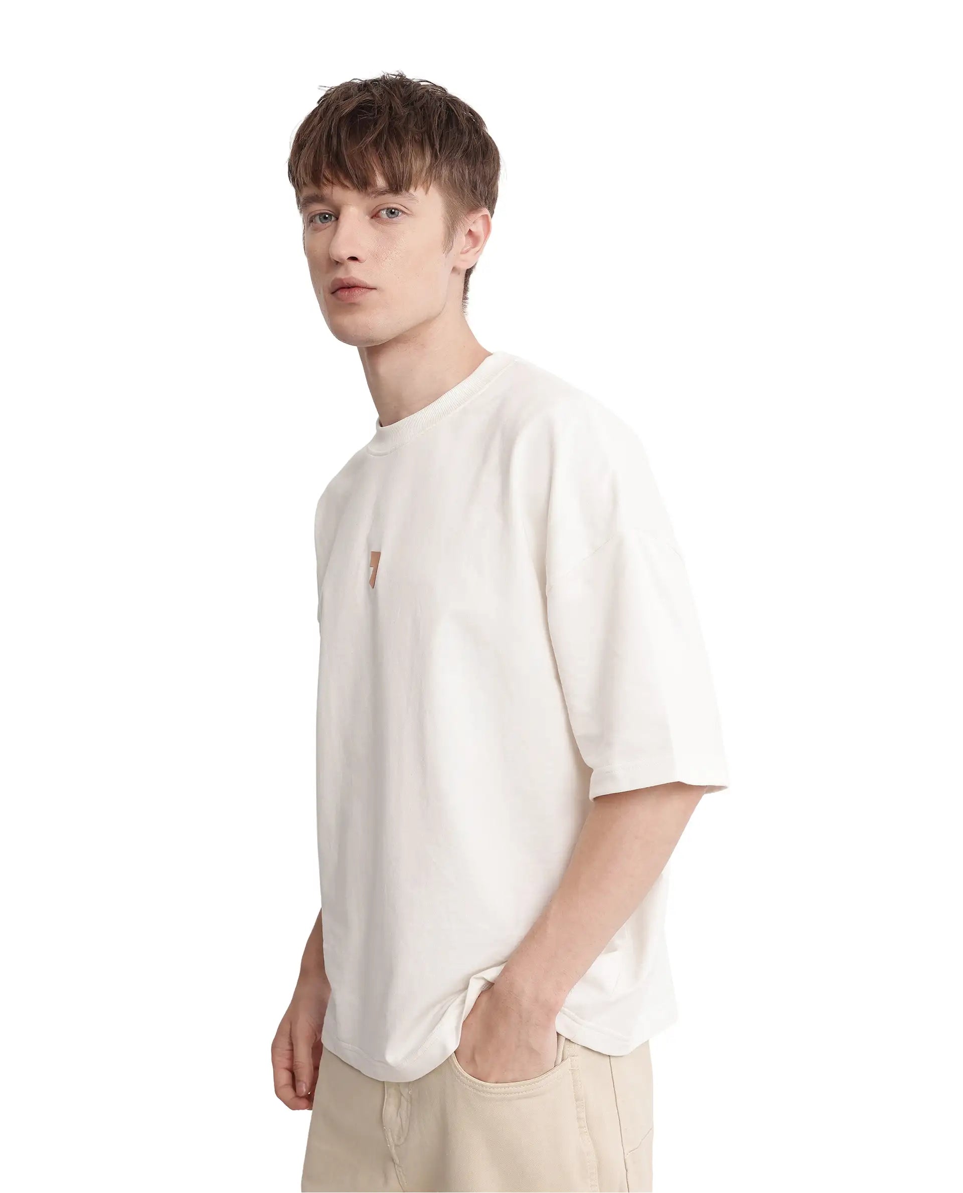 Rare Rabbit Men Diner Off White Cotton Fabric Short Sleeve Crew Neck Oversized Fit Graphic Back Print T-Shirt