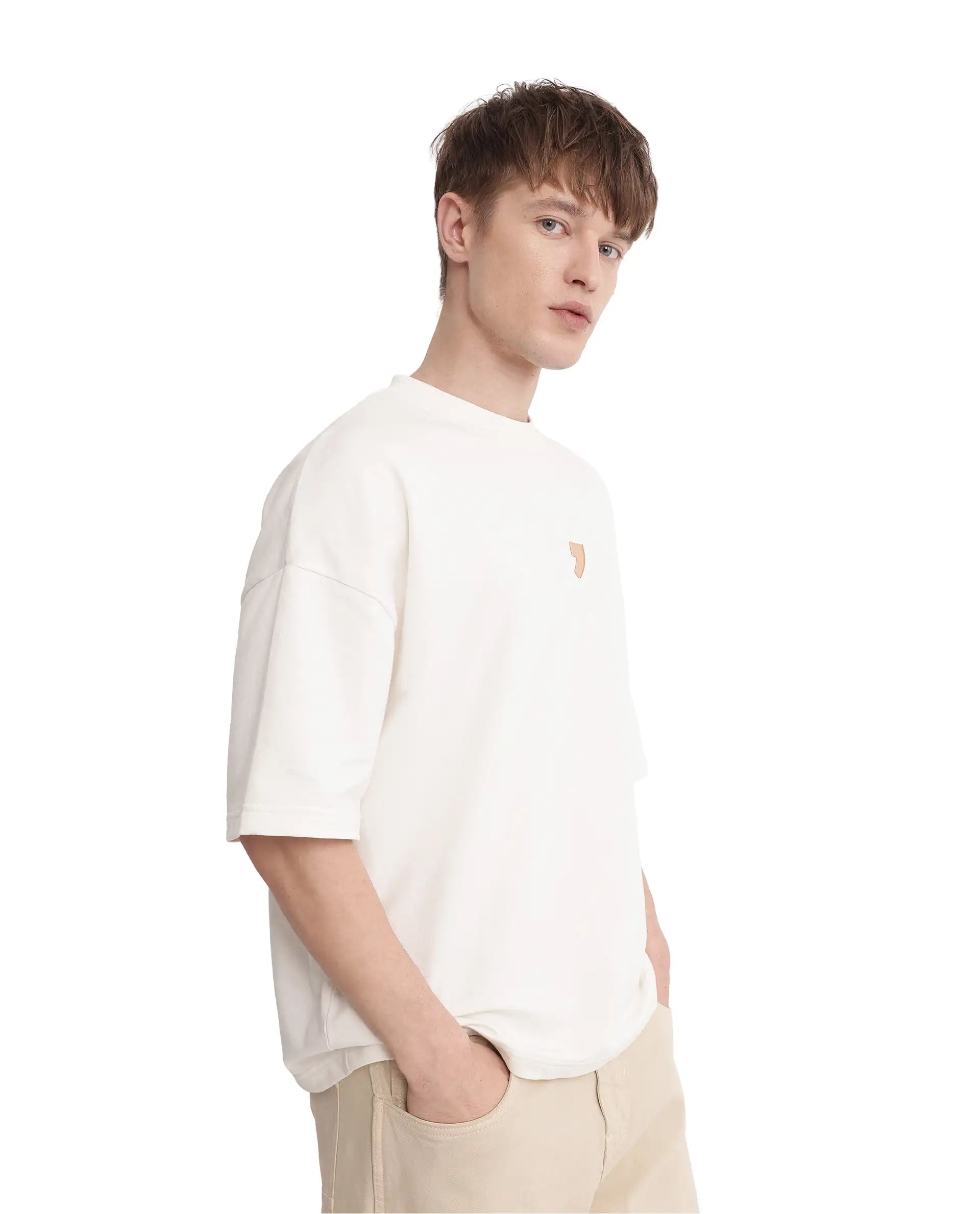 Rare Rabbit Men Diner Off White Cotton Fabric Short Sleeve Crew Neck Oversized Fit Graphic Back Print T-Shirt