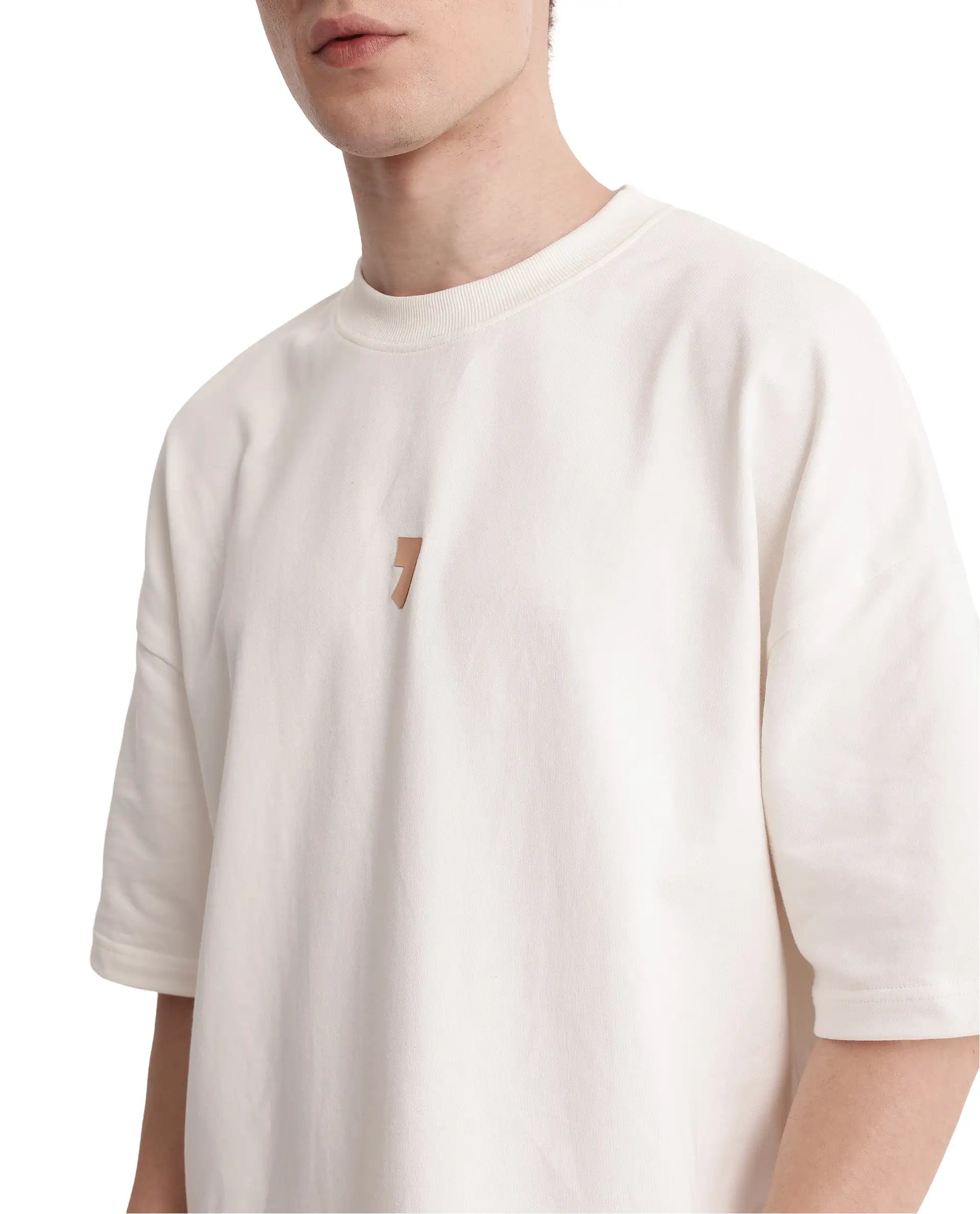 Rare Rabbit Men Diner Off White Cotton Fabric Short Sleeve Crew Neck Oversized Fit Graphic Back Print T-Shirt