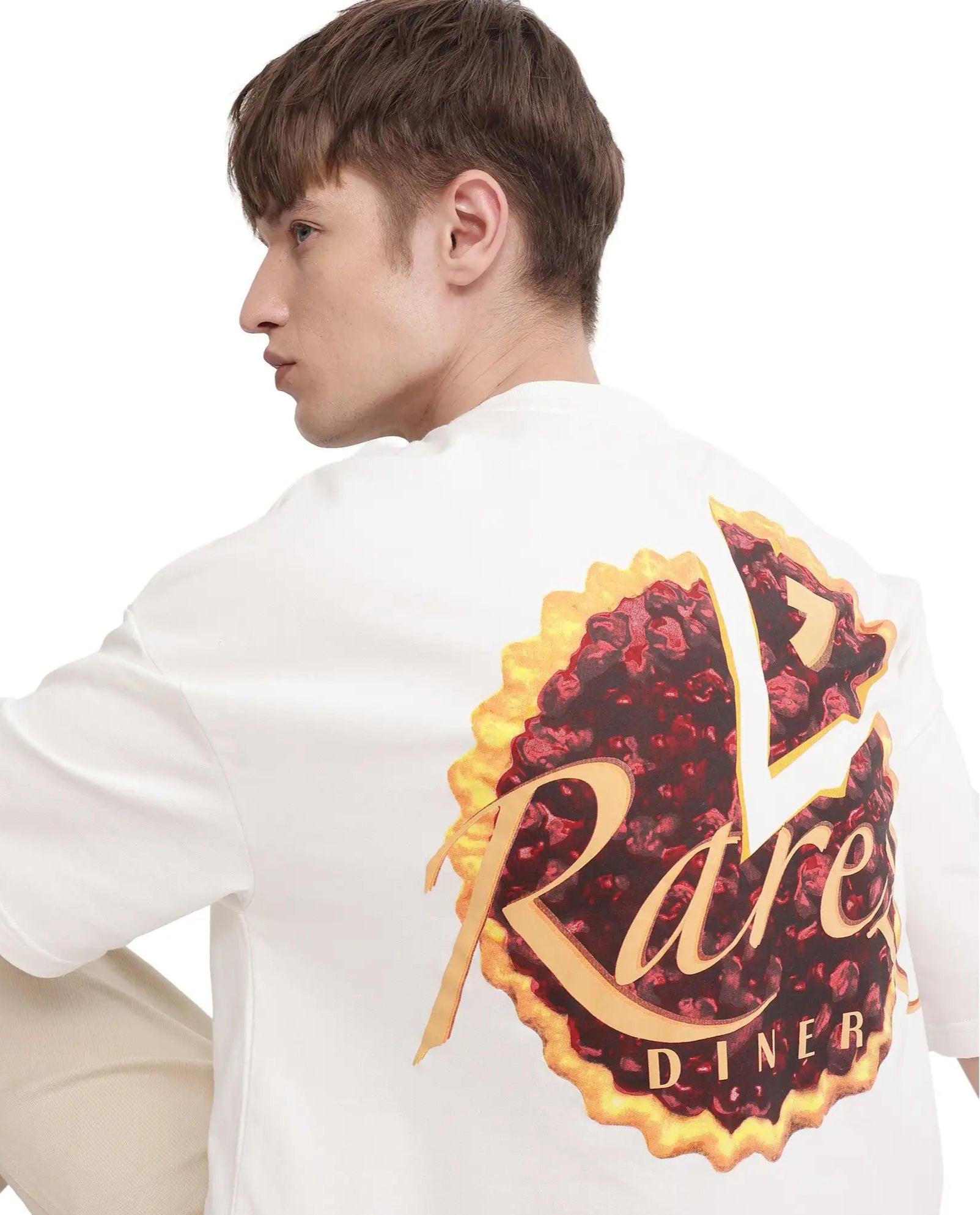 Rare Rabbit Men Diner Off White Cotton Fabric Short Sleeve Crew Neck Oversized Fit Graphic Back Print T-Shirt