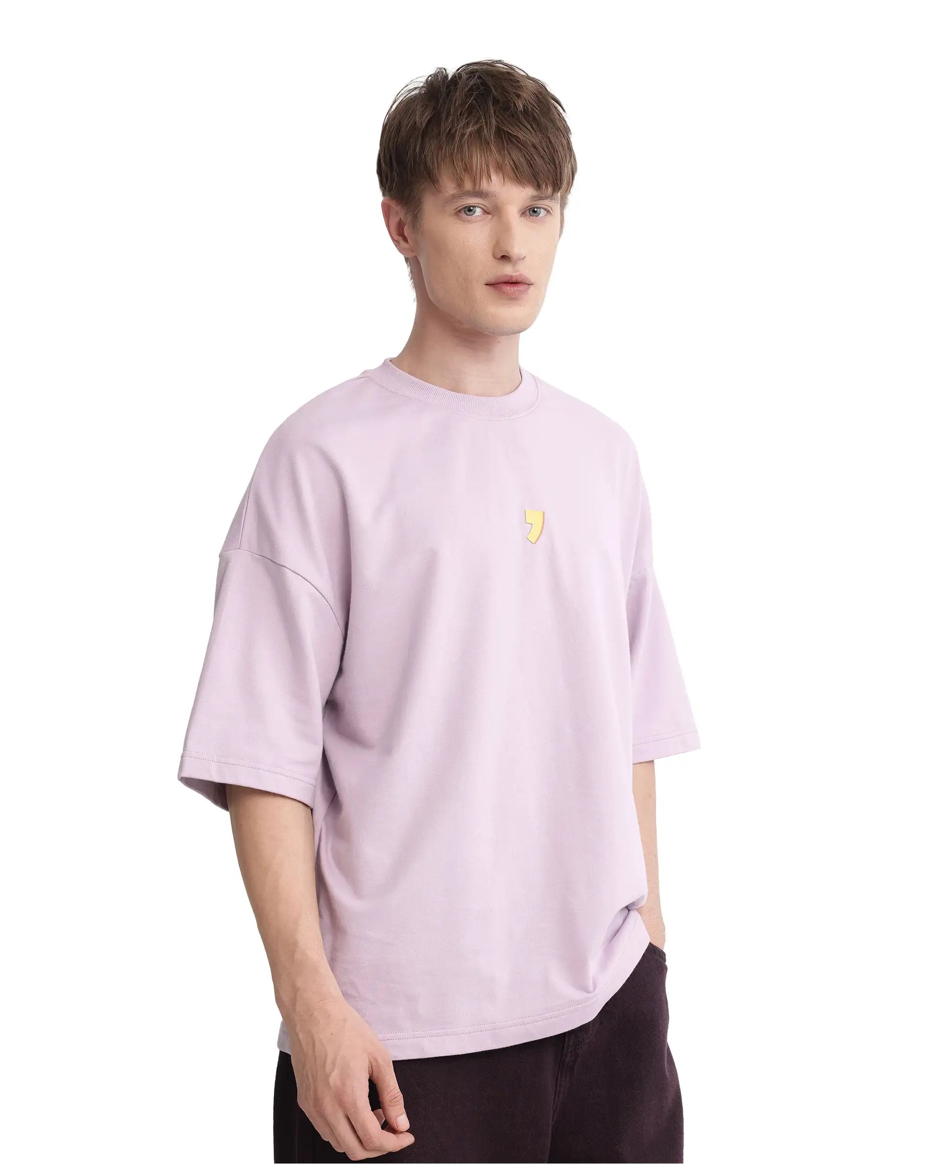 Rare Rabbit Men Diner Pastel Purple Cotton Fabric Short Sleeve Crew Neck Oversized Fit Graphic Back Print T-Shirt