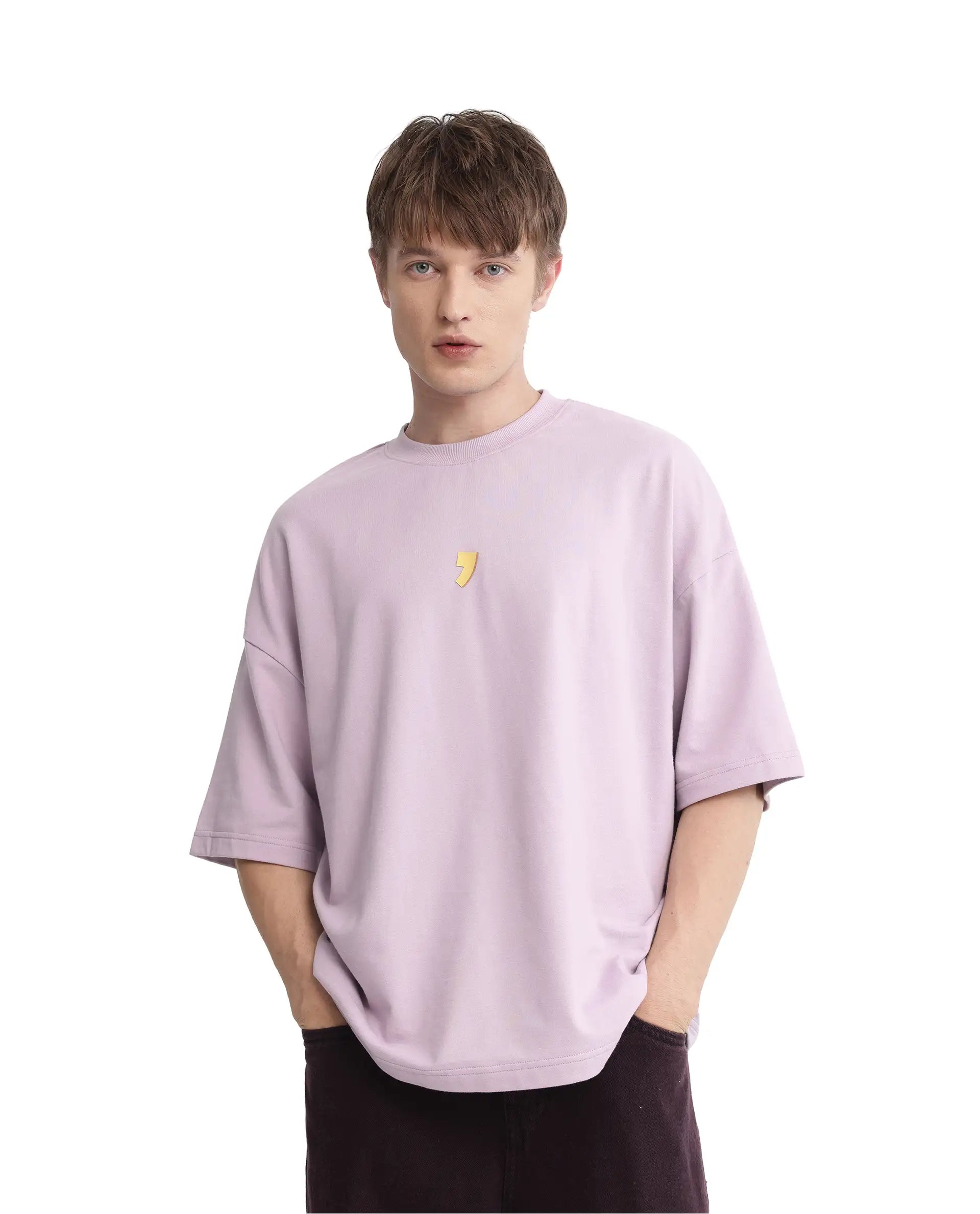 Rare Rabbit Men Diner Pastel Purple Cotton Fabric Short Sleeve Crew Neck Oversized Fit Graphic Back Print T-Shirt