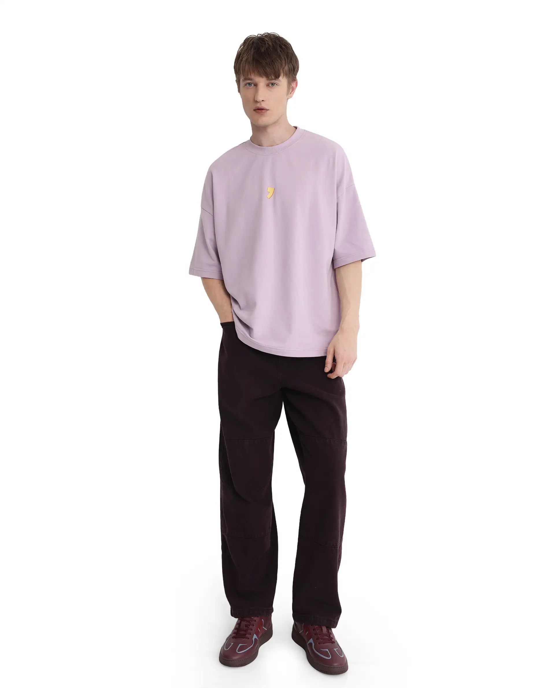 Rare Rabbit Men Diner Pastel Purple Cotton Fabric Short Sleeve Crew Neck Oversized Fit Graphic Back Print T-Shirt