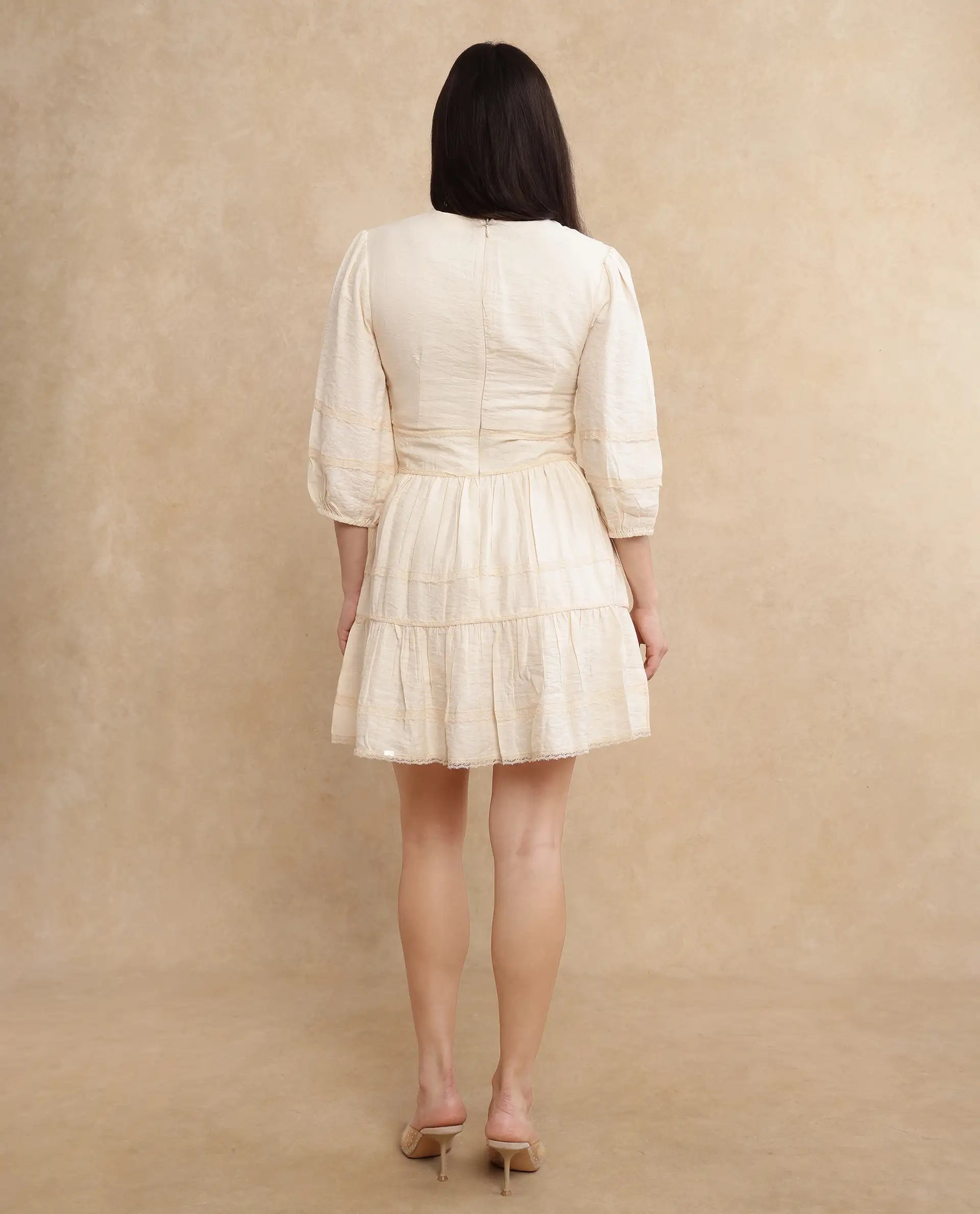 Rareism Women Dinklage Beige Bishop Sleeves V-Neck Zipper Closure Fit And Flare Mini Plain Dress