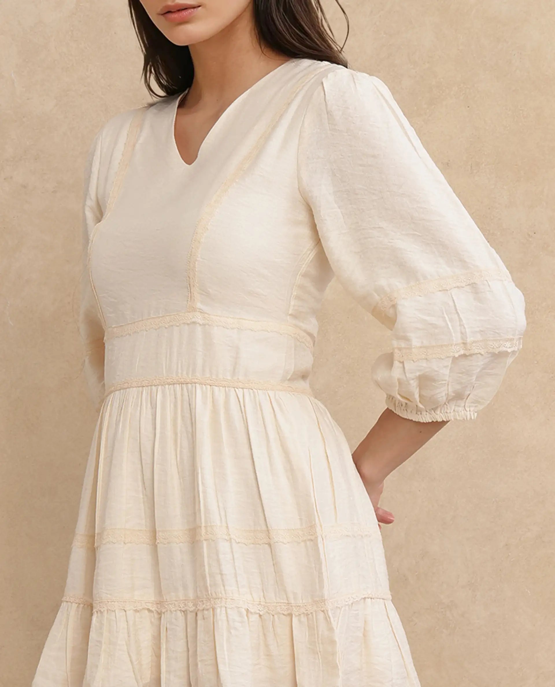 Rareism Women Dinklage Beige Bishop Sleeves V-Neck Zipper Closure Fit And Flare Mini Plain Dress