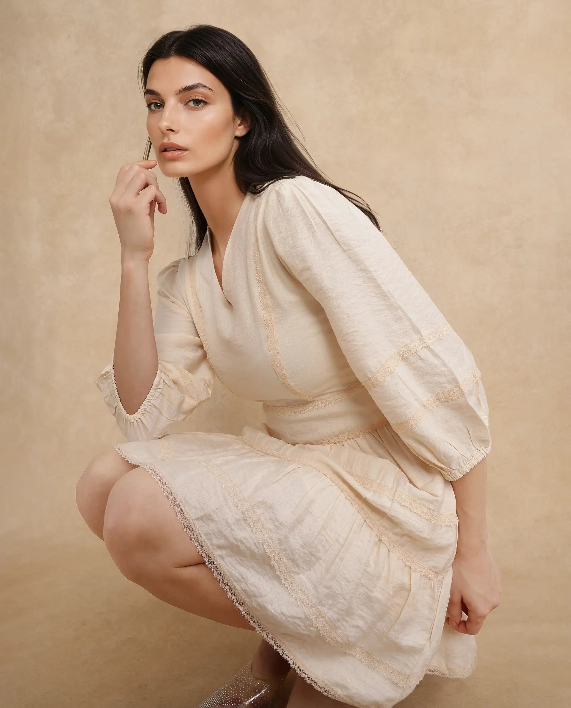 Rareism Women Dinklage Beige Bishop Sleeves V-Neck Zipper Closure Fit And Flare Mini Plain Dress