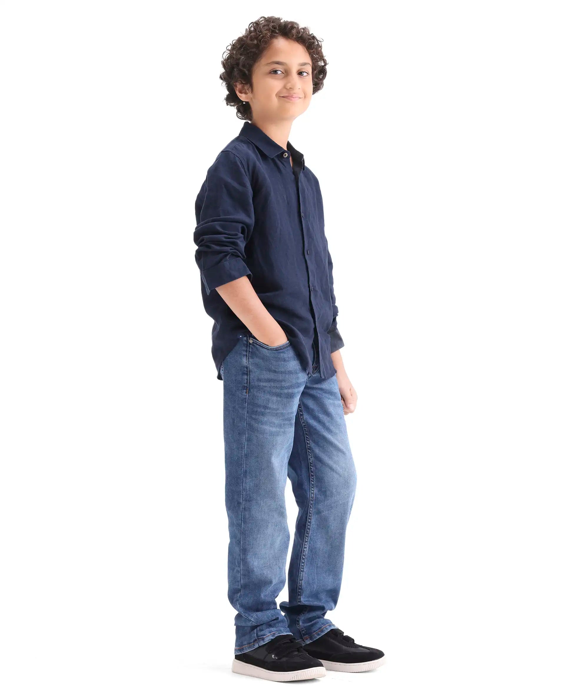 Rare Ones Kids Dino Blue Cotton Blend Fabric Zipper Closure Regular Fit Denim Pant