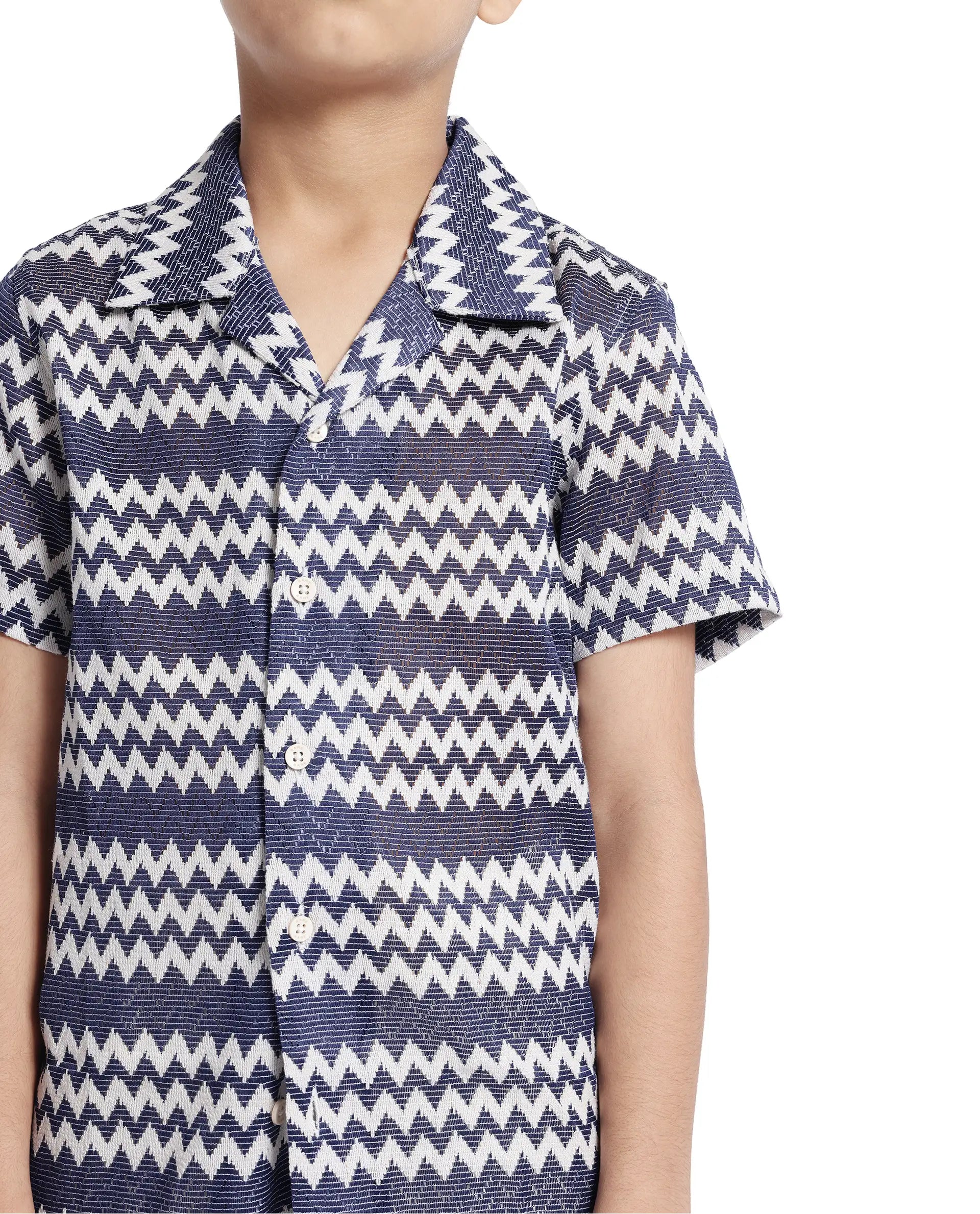 Rare Ones Kids Dio Blue Cotton Poly Half Sleeve Cuban Collar Dobby Shirt