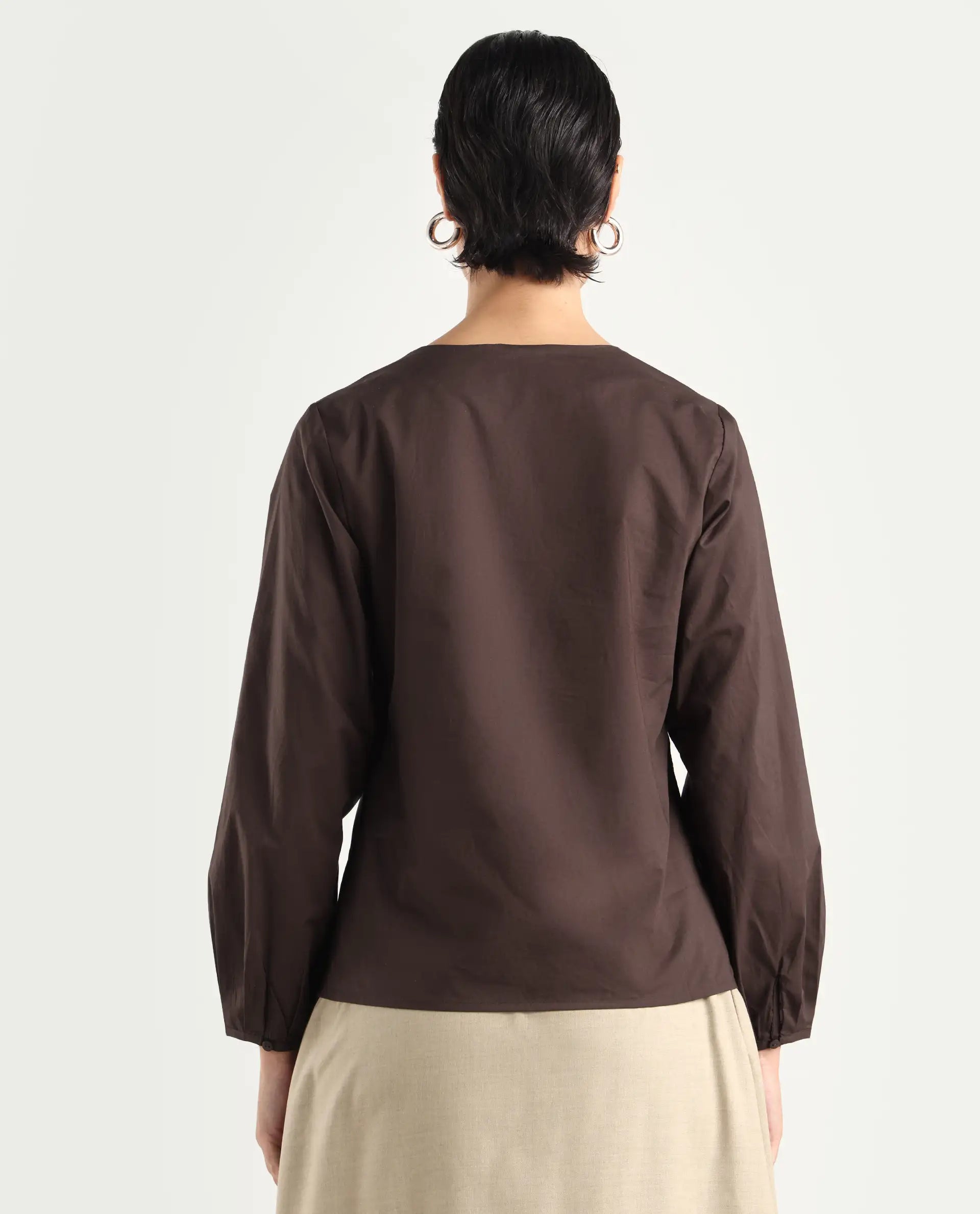 Rareism Women's Dione Brown Cotton Mandarin Collar Plain Cuffed Sleeve Regular Fit Top
