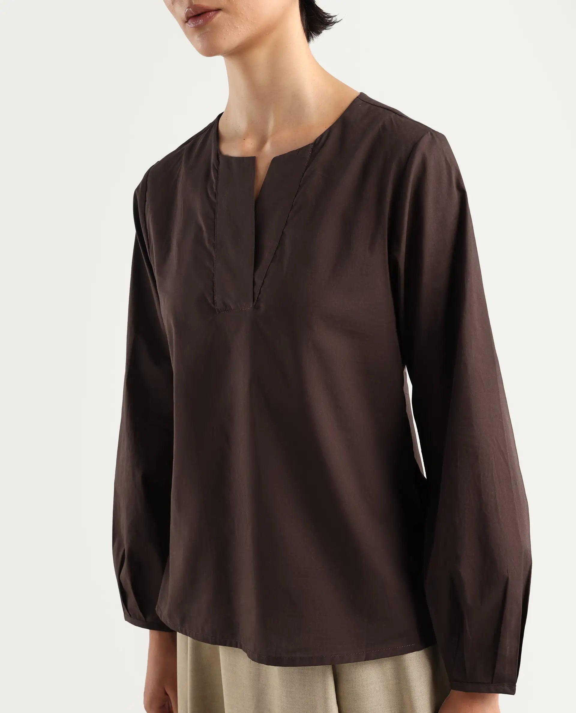 Rareism Women's Dione Brown Cotton Mandarin Collar Plain Cuffed Sleeve Regular Fit Top