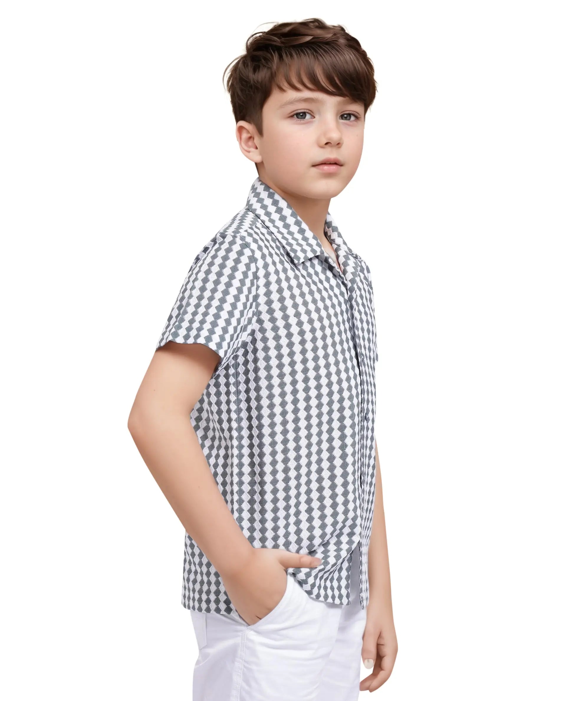 Rare Ones Kids Dion Teal Polyester Short Sleeve Cuban Collar Regular Fit Jacquard Shirt