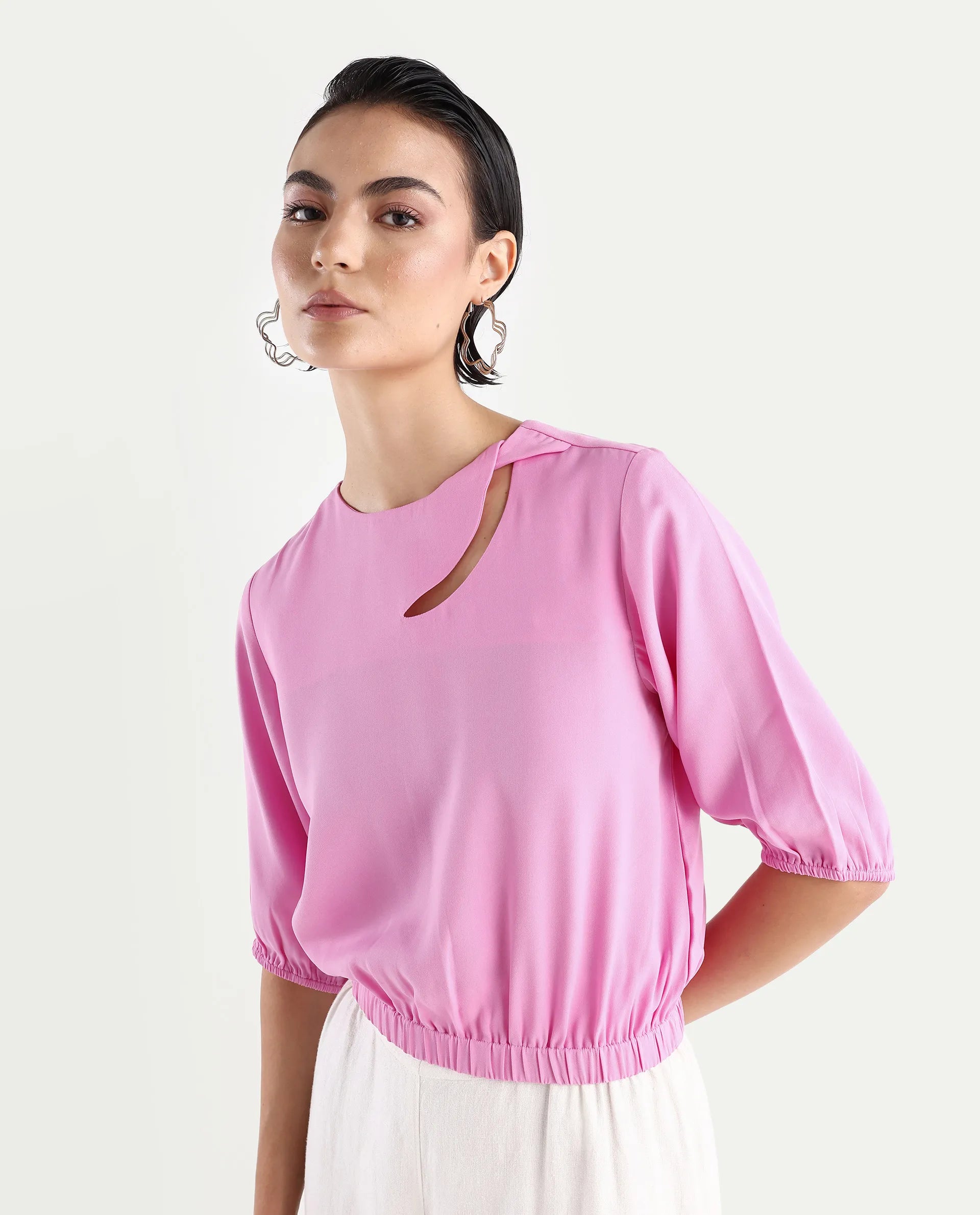 Rareism Women's Dionysus Pink Polyester Blend Crew Neck Plain Crop Regular Fit Top