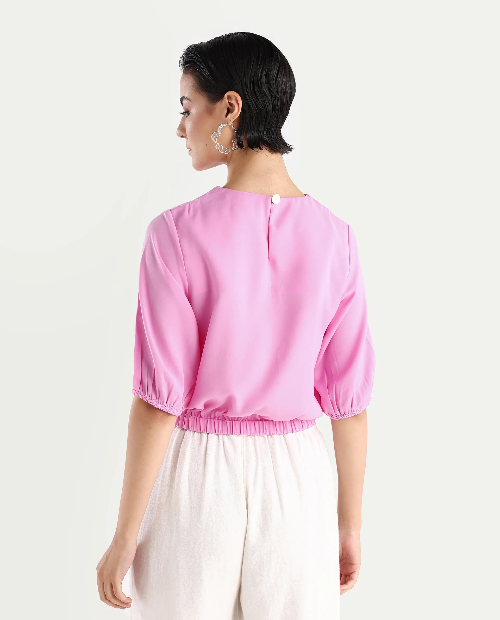 Rareism Women's Dionysus Pink Polyester Blend Crew Neck Plain Crop Regular Fit Top