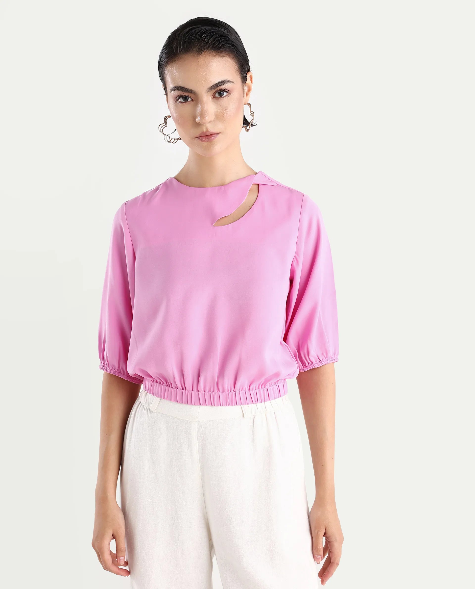 Rareism Women's Dionysus Pink Polyester Blend Crew Neck Plain Crop Regular Fit Top