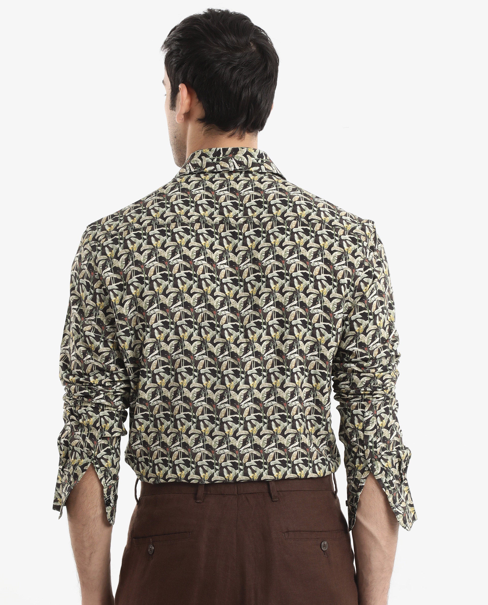 Rare Rabbit Men's Diphda Dark Brown Viscose Fabric Full Sleeve Regular Fit Botanical Print Shirt