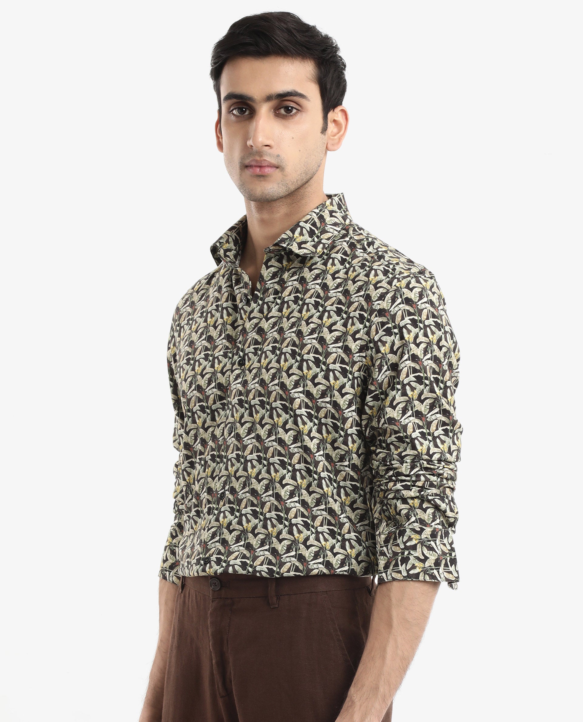Rare Rabbit Men's Diphda Dark Brown Viscose Fabric Full Sleeve Regular Fit Botanical Print Shirt