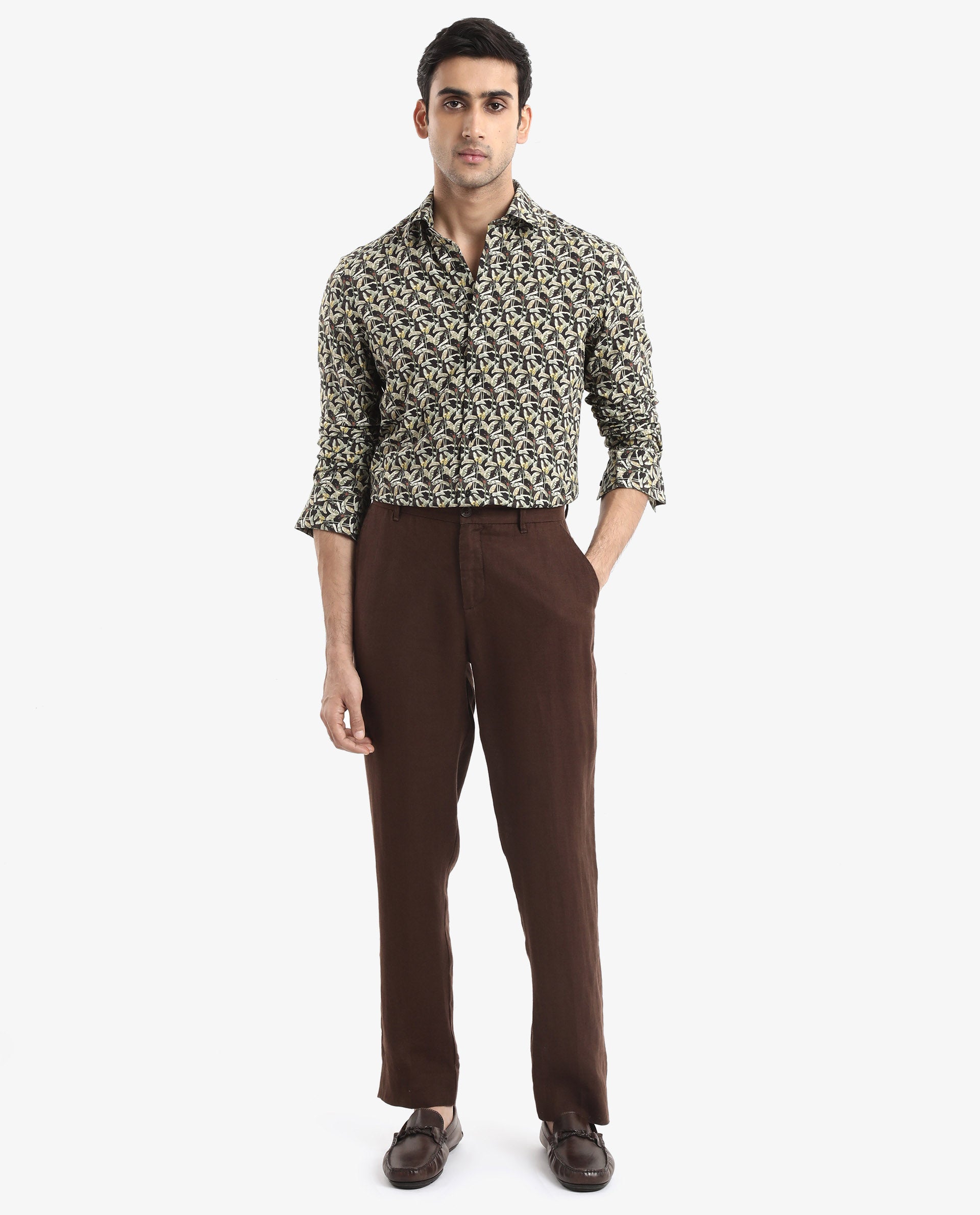 Rare Rabbit Men's Diphda Dark Brown Viscose Fabric Full Sleeve Regular Fit Botanical Print Shirt