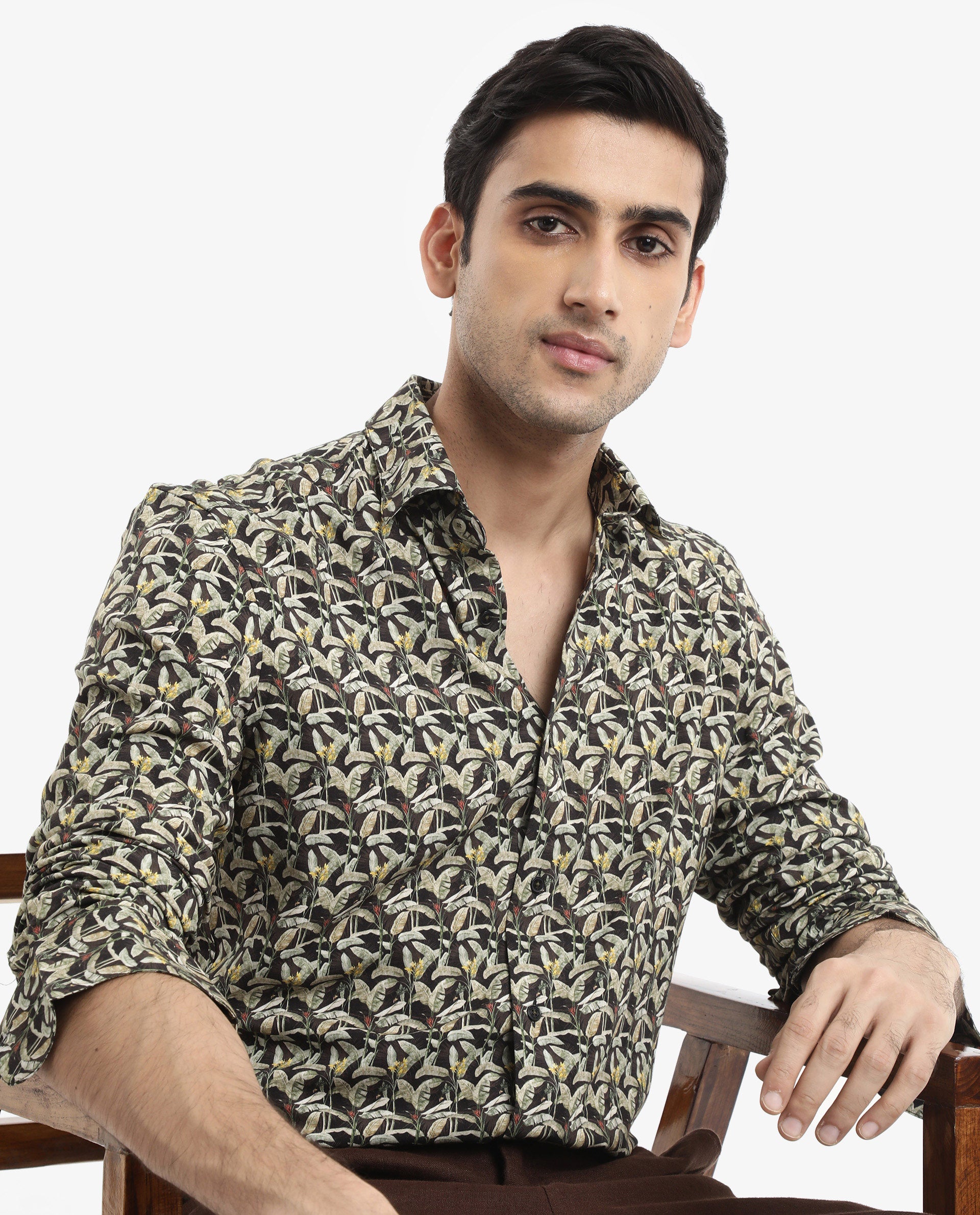 Rare Rabbit Men's Diphda Dark Brown Viscose Fabric Full Sleeve Regular Fit Botanical Print Shirt