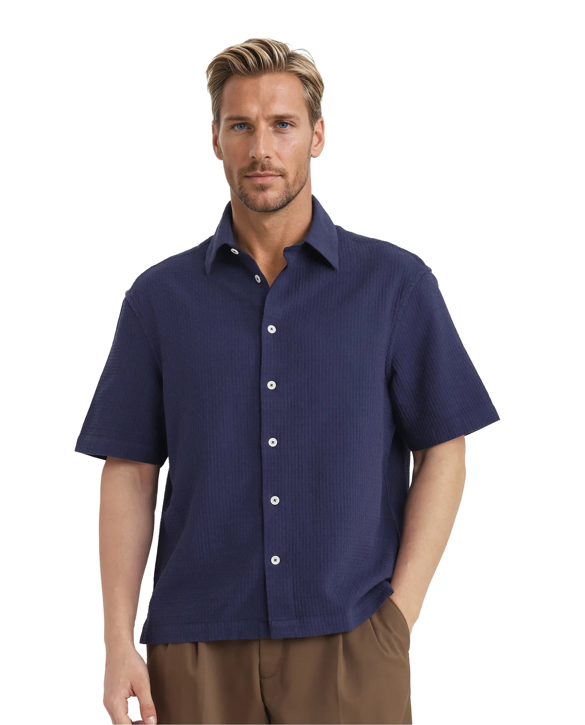 Rare Rabbit Men's Dira Dark Blue Cotton Fabric Short Sleeve Regular Collared Boxy Fit Button Closure Textured Shirt