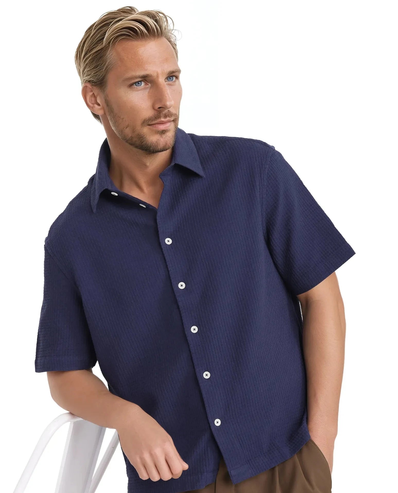 Rare Rabbit Men's Dira Dark Blue Cotton Fabric Short Sleeve Regular Collared Boxy Fit Button Closure Textured Shirt