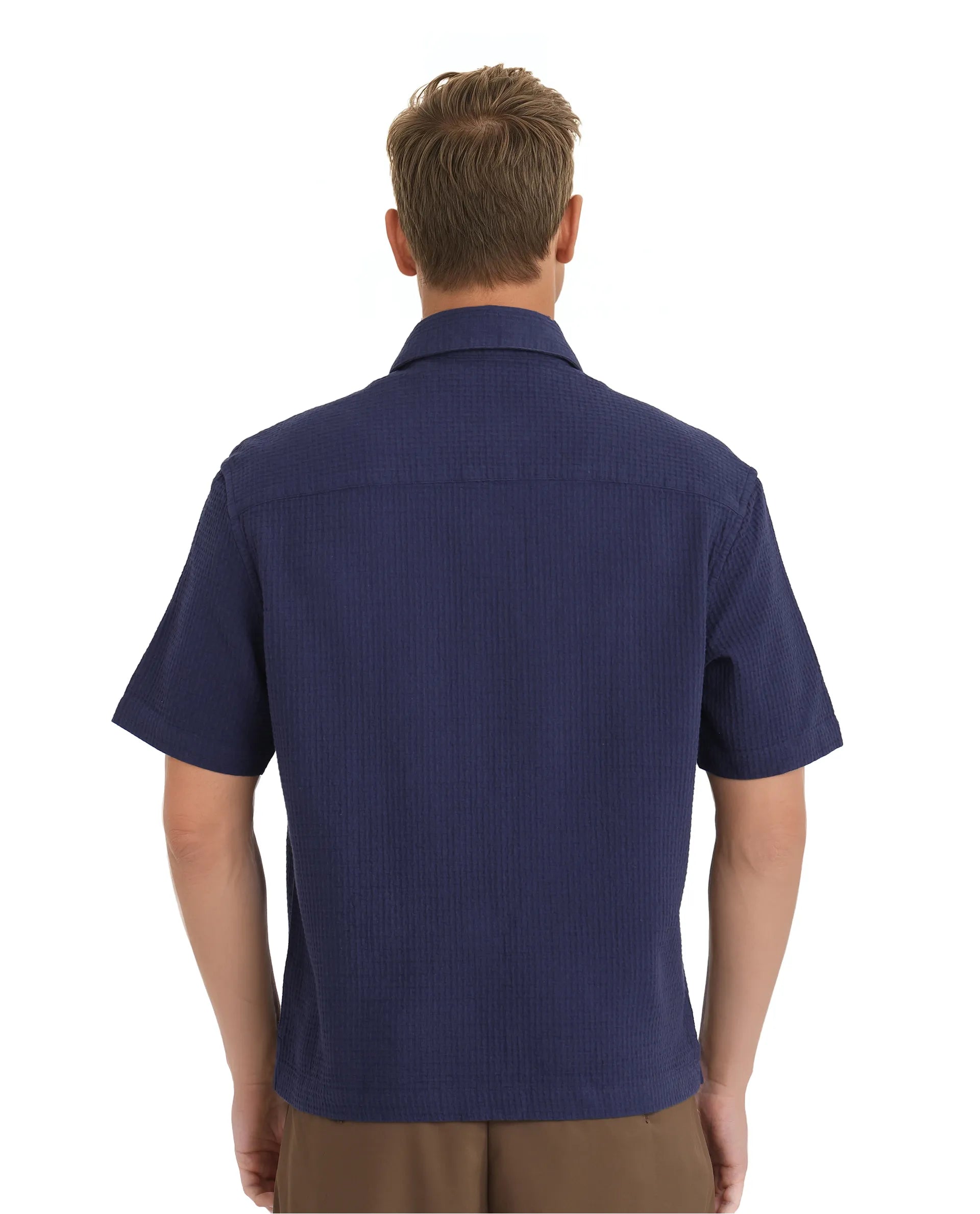 Rare Rabbit Men's Dira Dark Blue Cotton Fabric Short Sleeve Regular Collared Boxy Fit Button Closure Textured Shirt