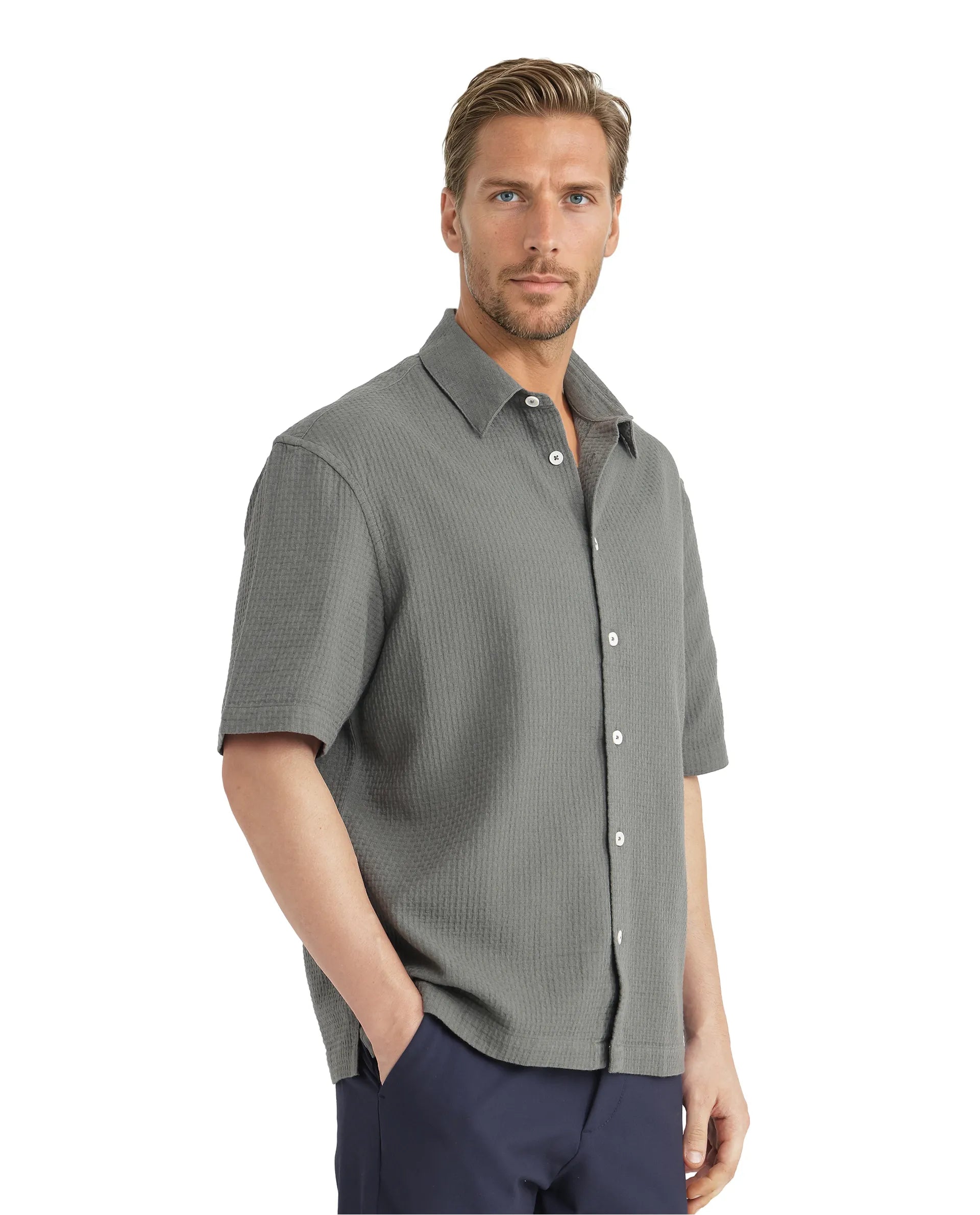 Rare Rabbit Men's Dira Dark Green Cotton Fabric Short Sleeve Regular Collared Boxy Fit Button Closure Textured Shirt