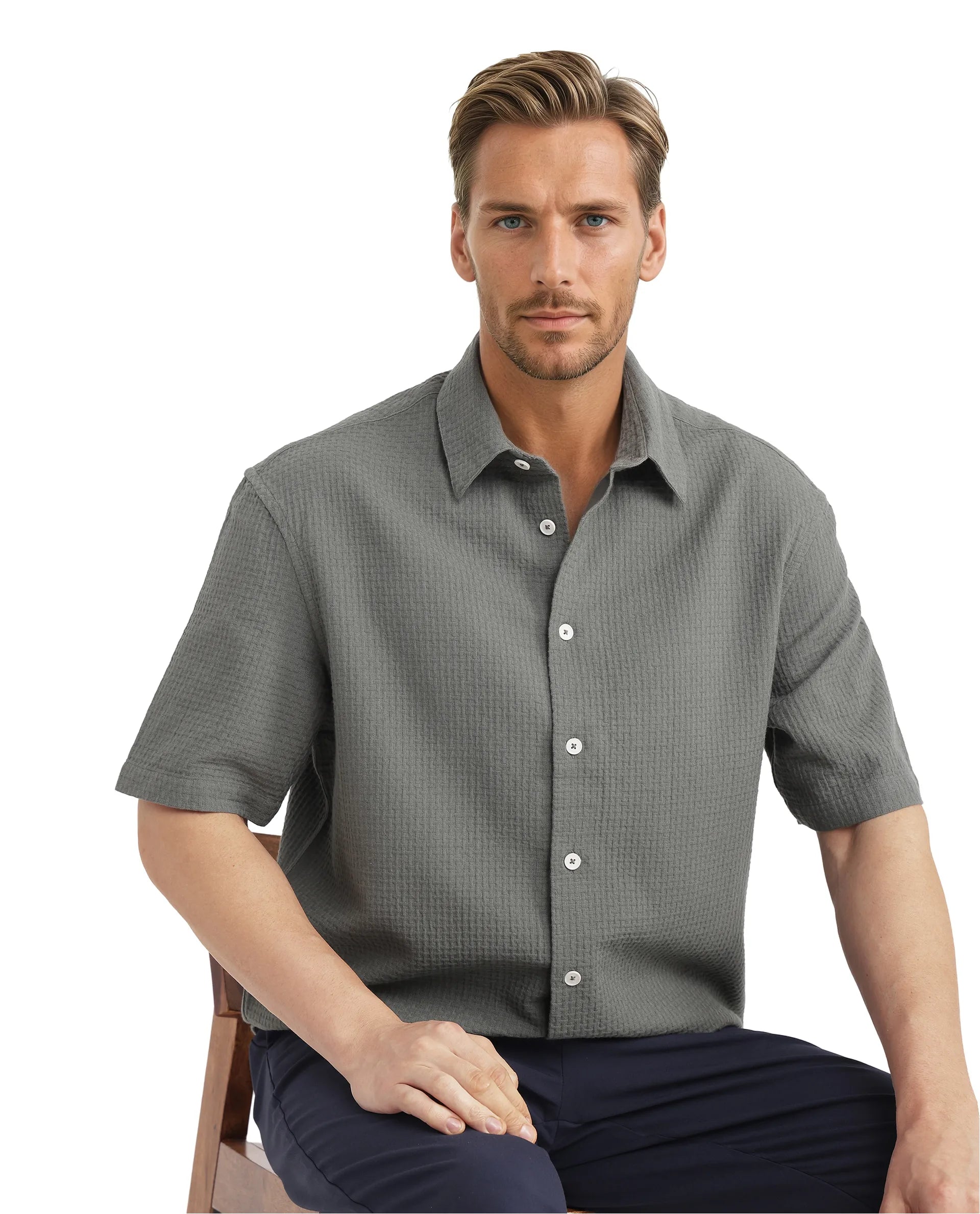 Rare Rabbit Men's Dira Dark Green Cotton Fabric Short Sleeve Regular Collared Boxy Fit Button Closure Textured Shirt