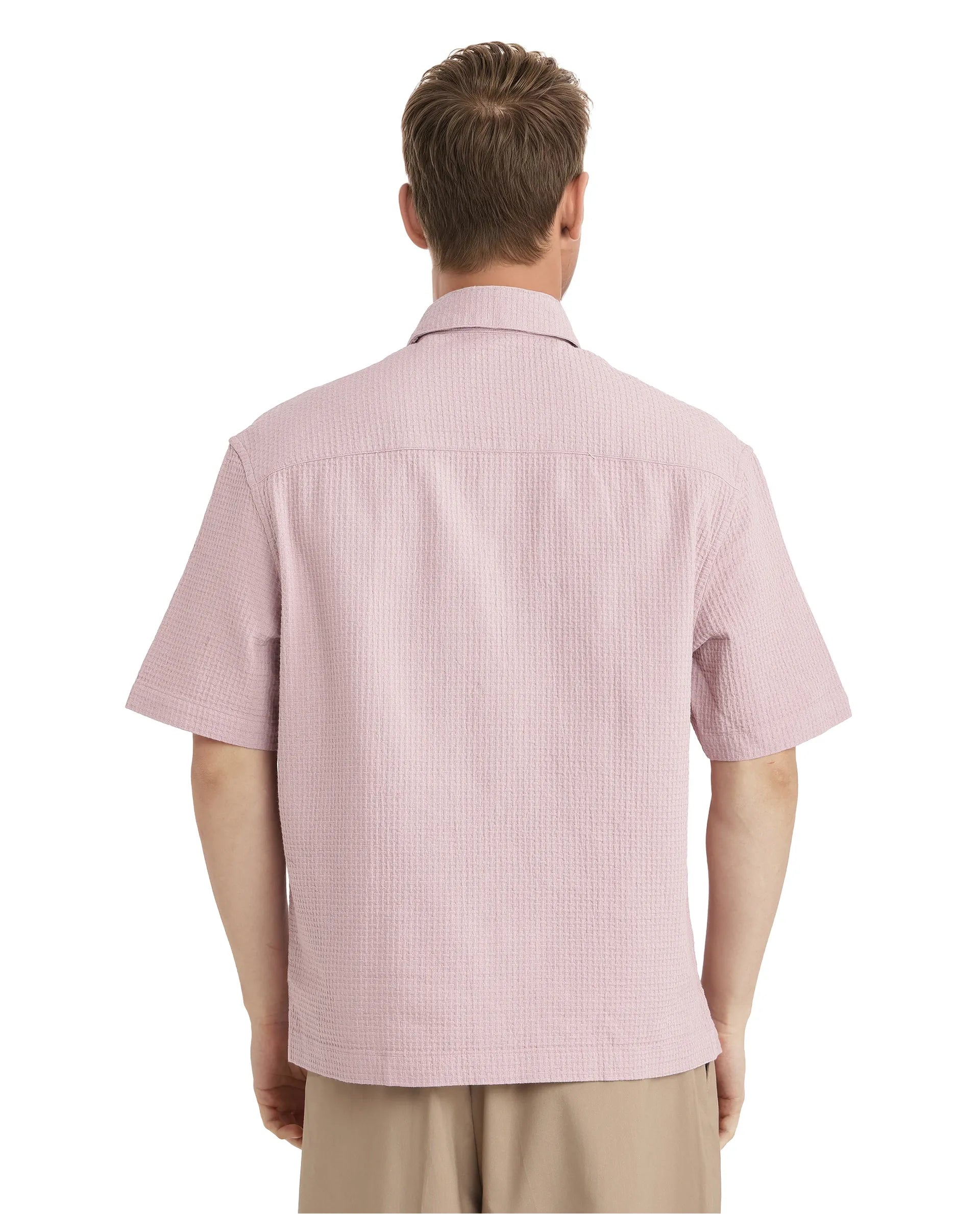 Rare Rabbit Men's Dira Dusky Pink Cotton Fabric Short Sleeve Regular Collared Boxy Fit Button Closure Textured Shirt