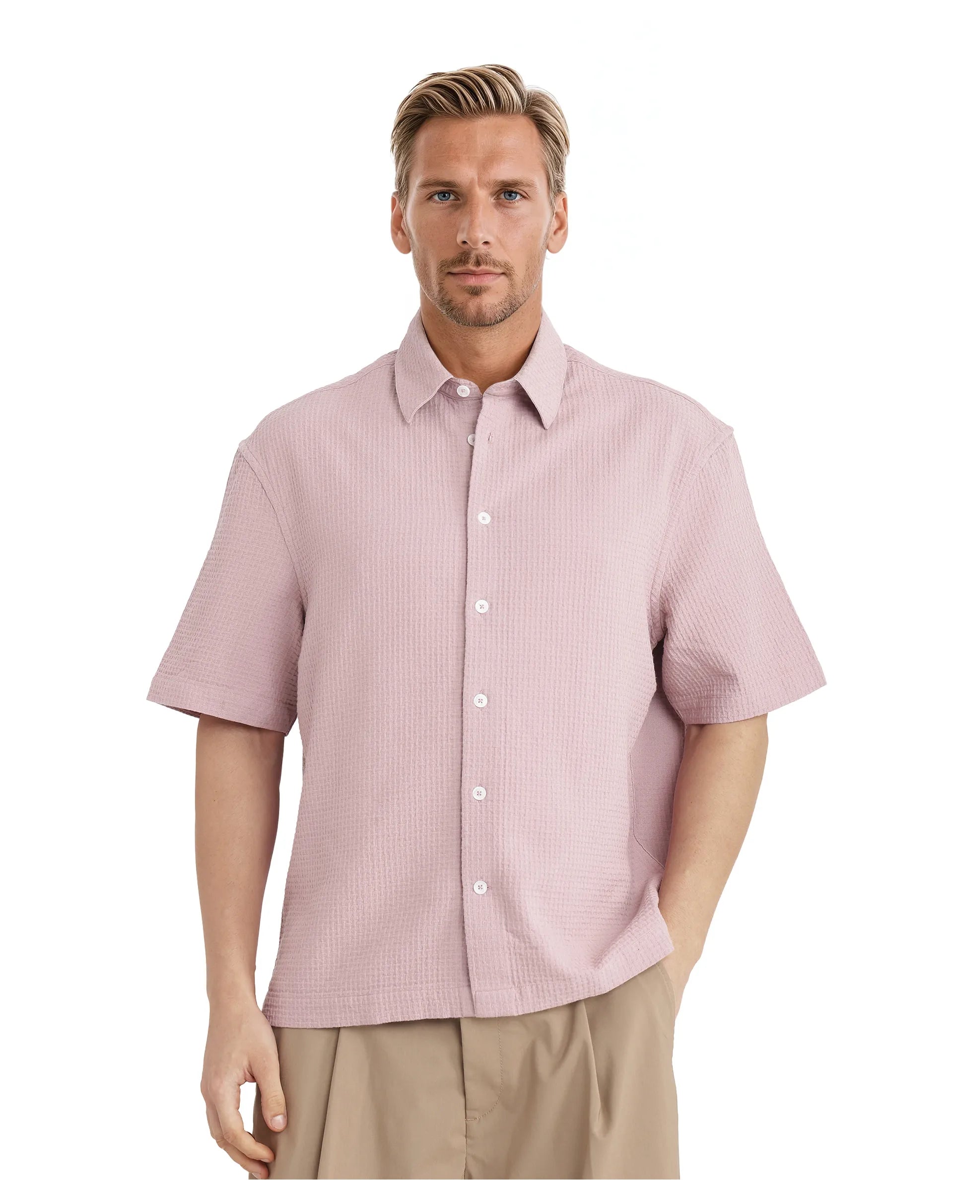Rare Rabbit Men's Dira Dusky Pink Cotton Fabric Short Sleeve Regular Collared Boxy Fit Button Closure Textured Shirt
