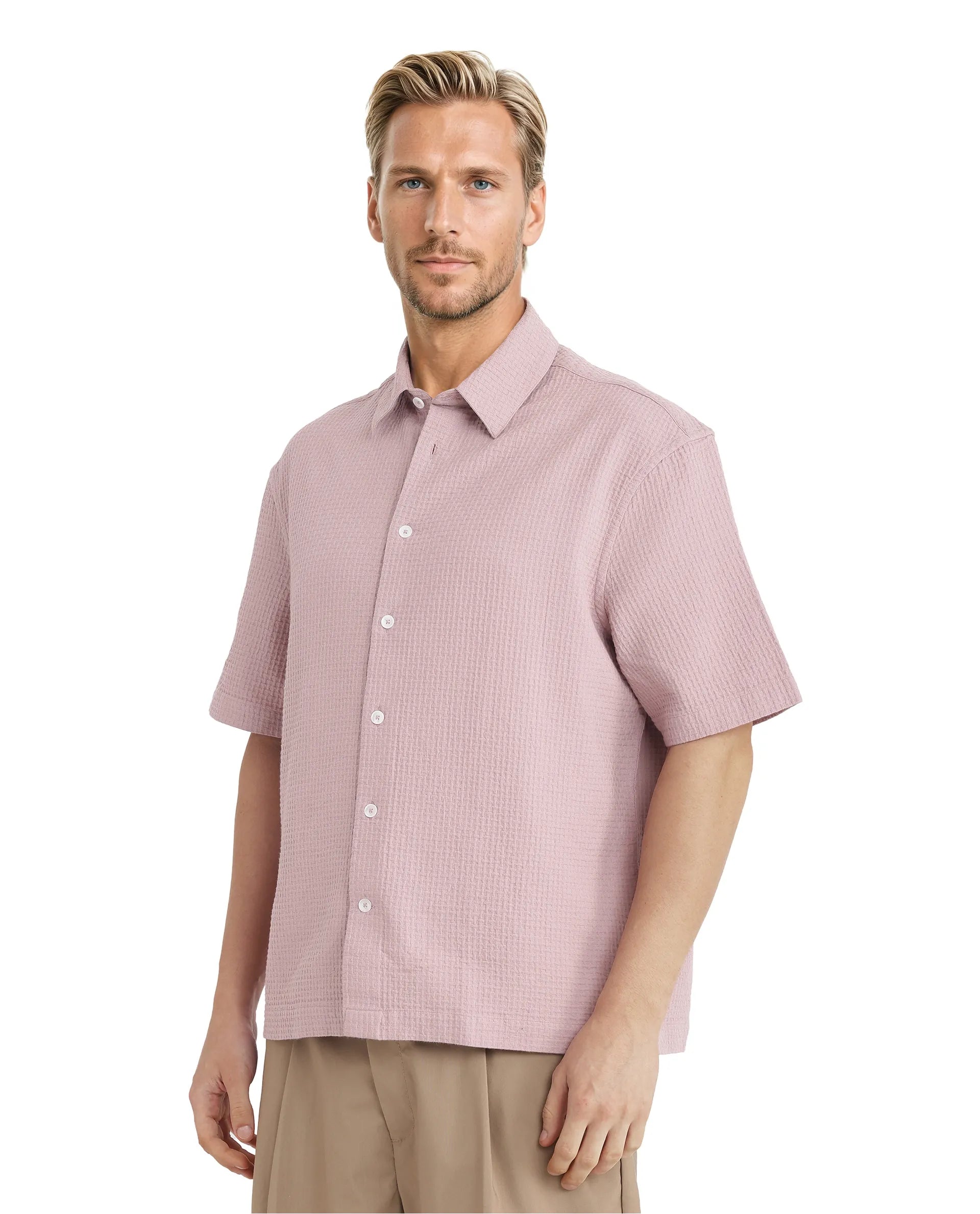 Rare Rabbit Men's Dira Dusky Pink Cotton Fabric Short Sleeve Regular Collared Boxy Fit Button Closure Textured Shirt