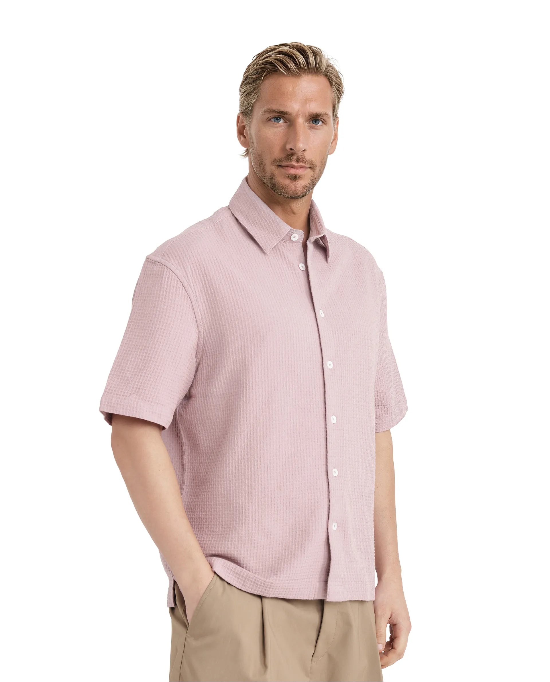 Rare Rabbit Men's Dira Dusky Pink Cotton Fabric Short Sleeve Regular Collared Boxy Fit Button Closure Textured Shirt