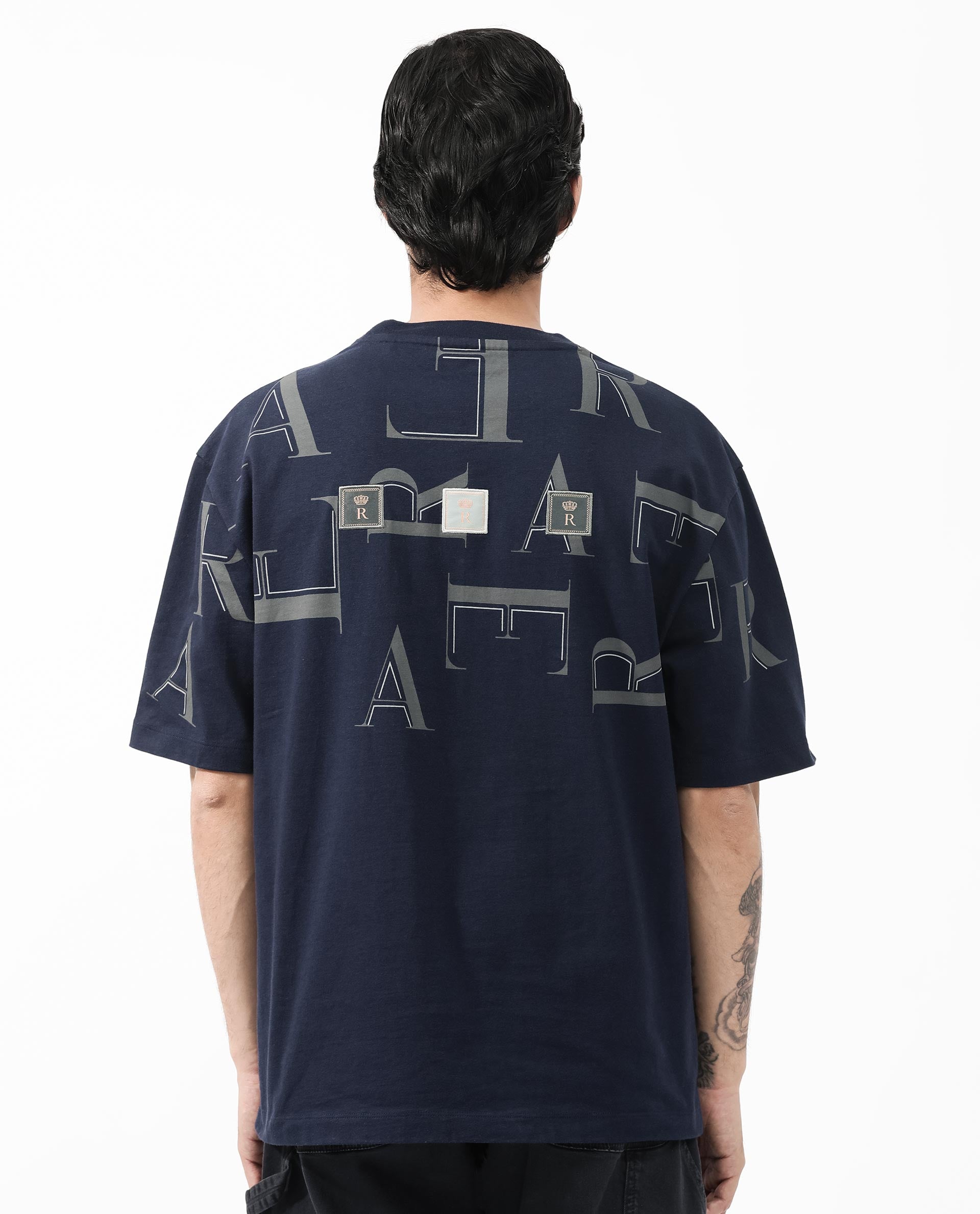 Rare Rabbit Articale Men's Dis Navy Cotton Polyester Fabric Crew Neck Oversized Fit Typography Print T-Shirt