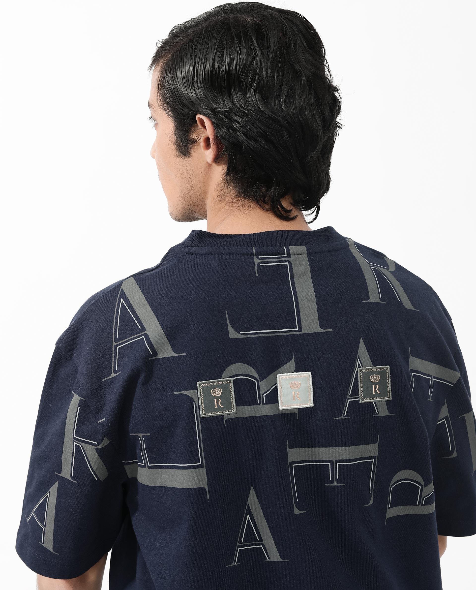 Rare Rabbit Articale Men's Dis Navy Cotton Polyester Fabric Crew Neck Oversized Fit Typography Print T-Shirt